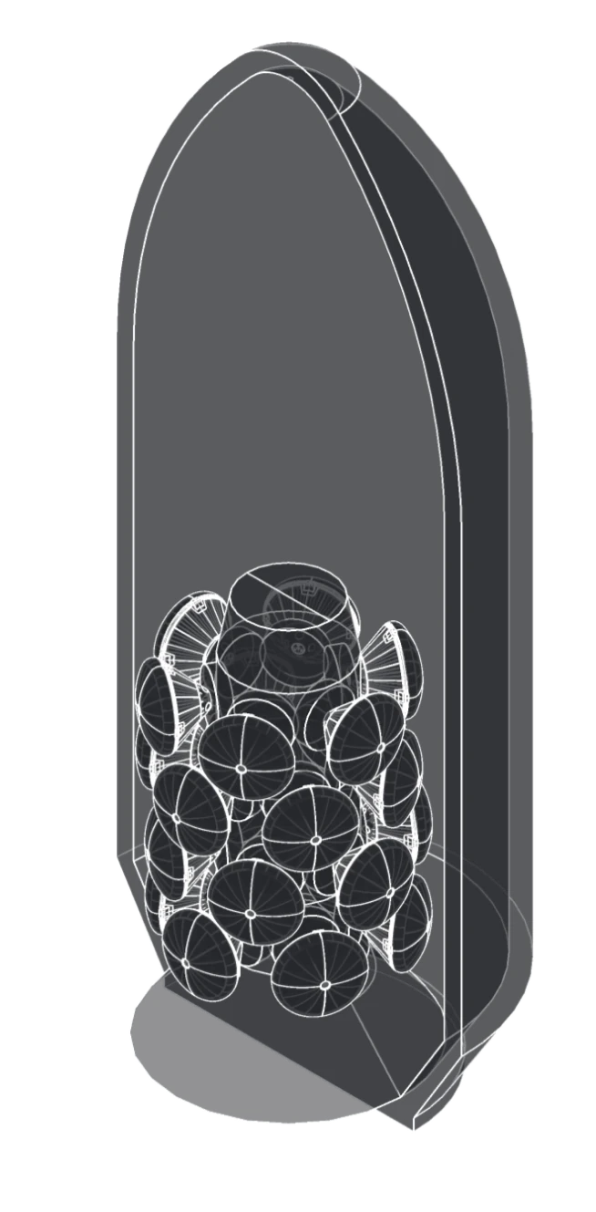 Drawing of a normal ride-share stack of capsules inside a launcher fairing