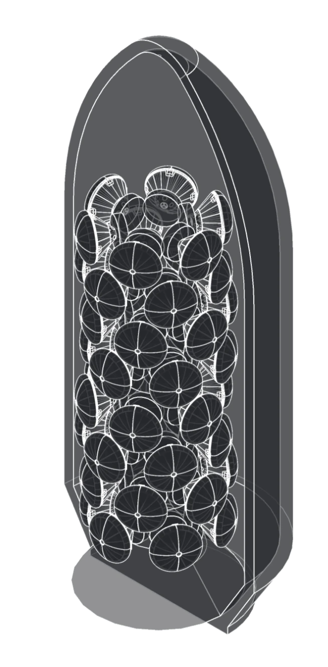 Drawing of an expanded ride-share stack of capsules filling the fairing