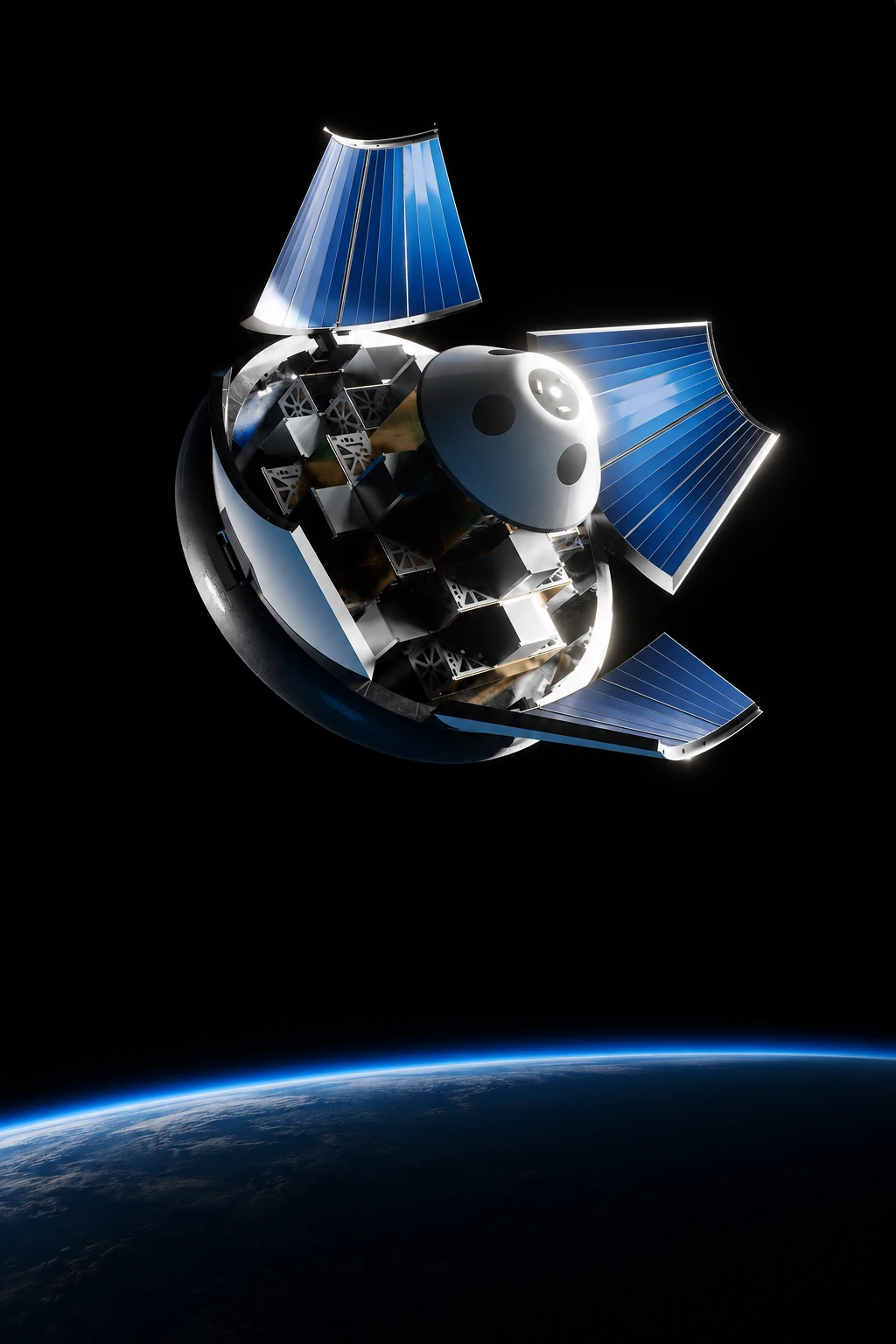 The Nazaré capsule in orbit above the Earth's limb, lit against black space