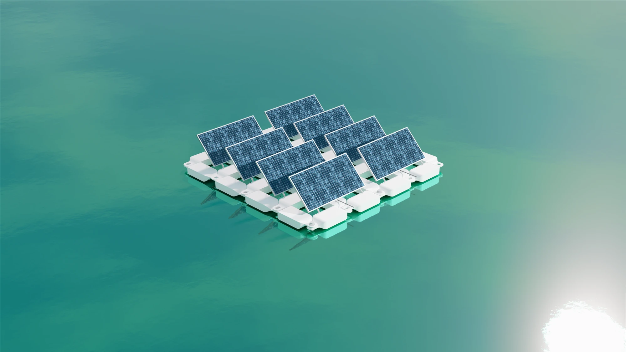 Render of the original Protevs raft: eight solar panels tilted on white floats, seen from above in an almost orthographic view over teal water, with the sun's glare at the lower right