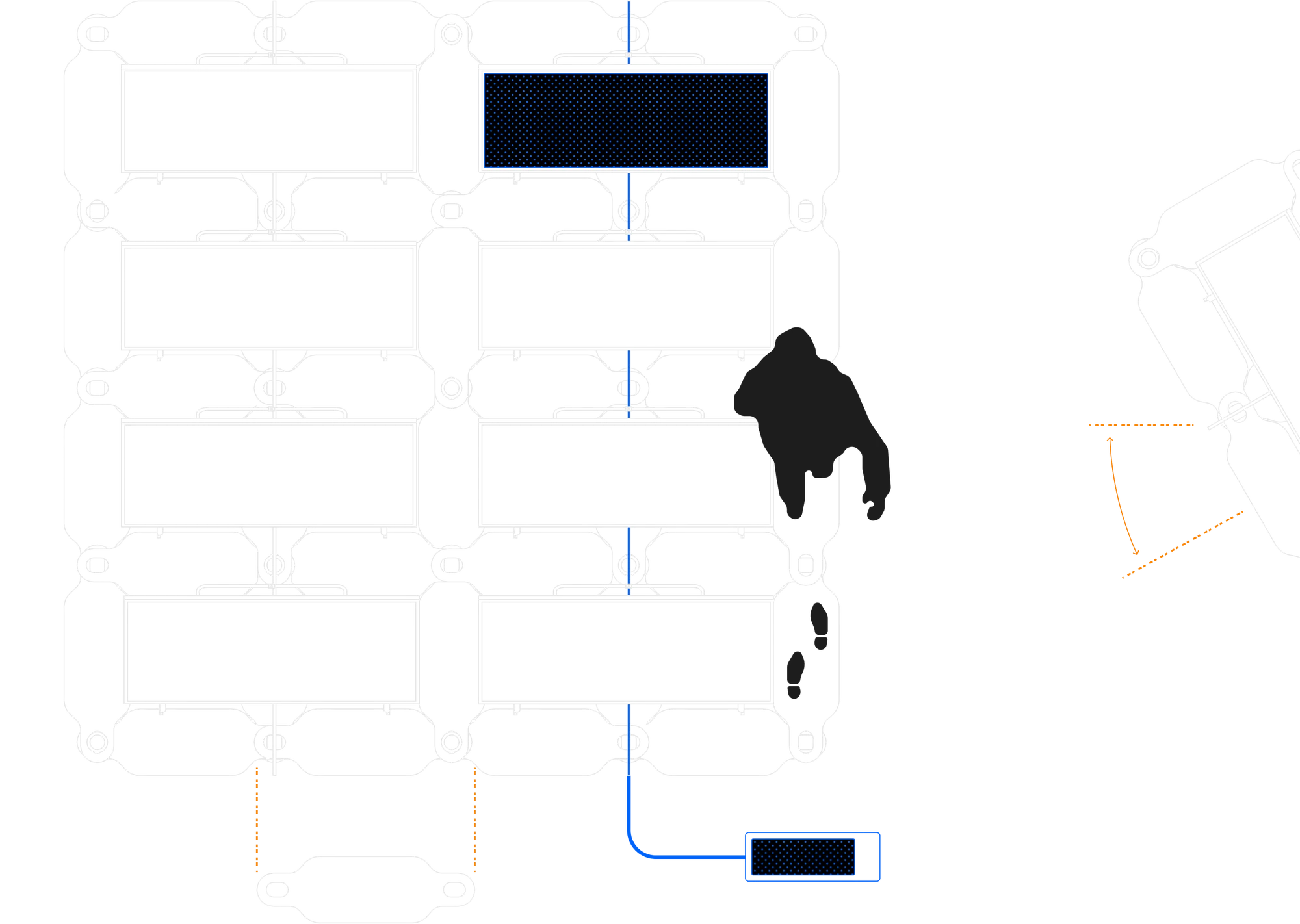 Plan drawing of eight Protevs panels in two columns on linked white floats, one panel filled dark blue with a blue line running down to a small box, a person seen from above walking beside them, and at the right a module turned through an angle marked in orange