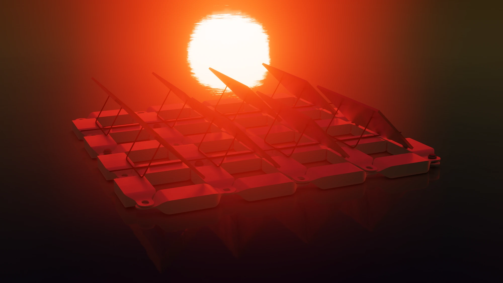 Render of a Protevs array lit by a low red sun