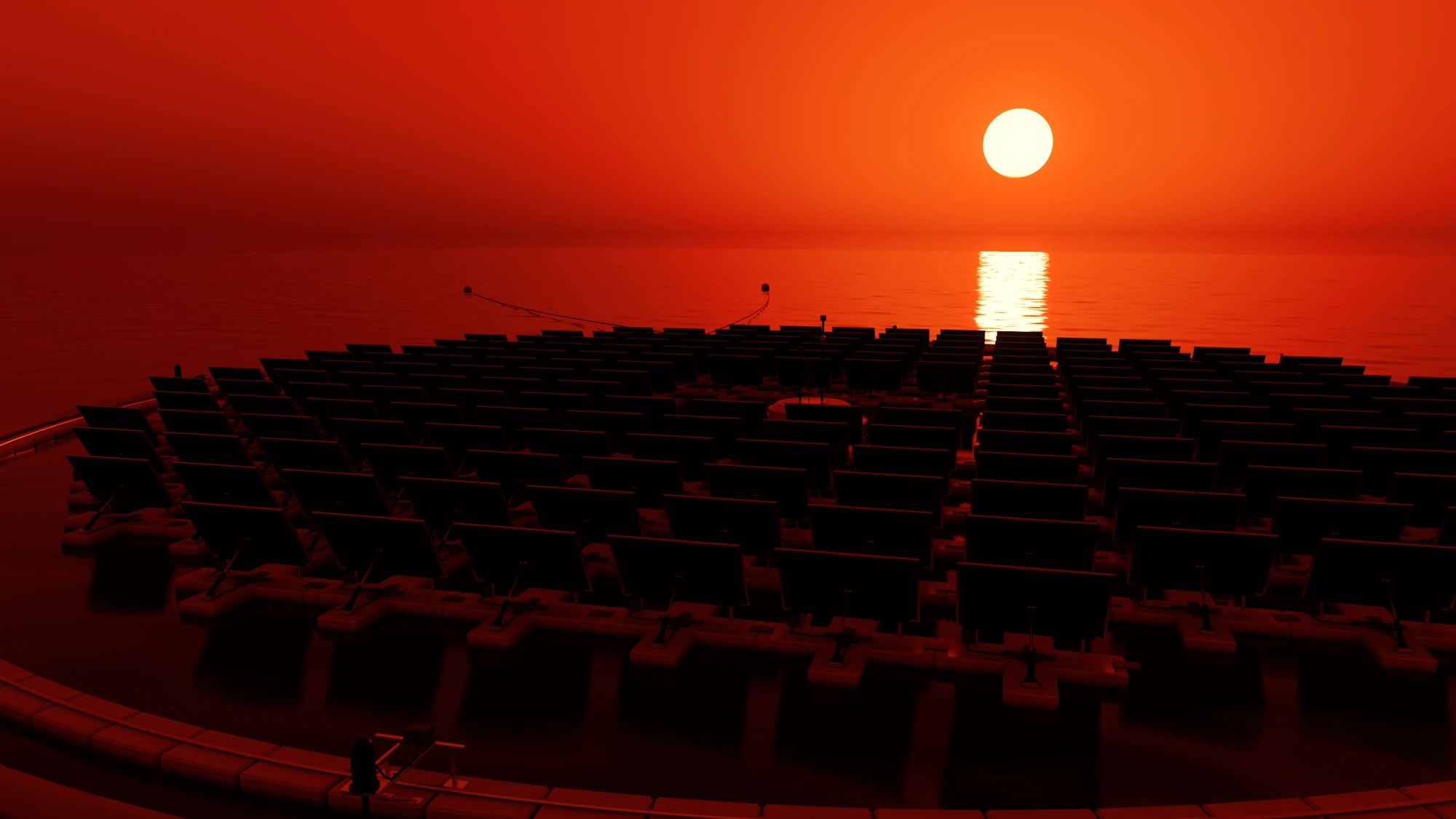 Rows of solar panels seen from behind on a floating island, black against a deep red sky, with a low sun and its glitter on the sea beyond