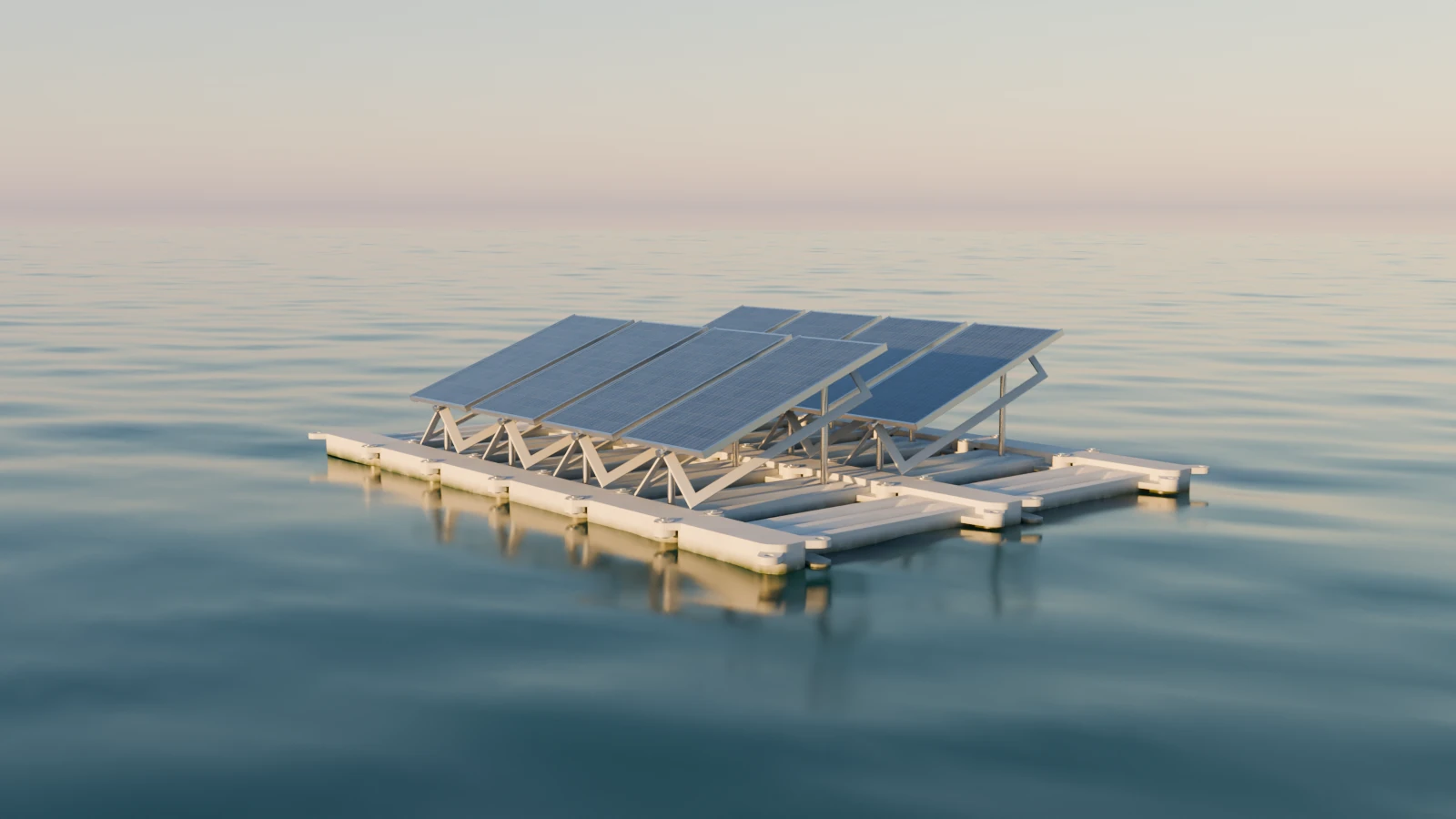 One raft of the second concept: eight panels on V-truss frames over white floats