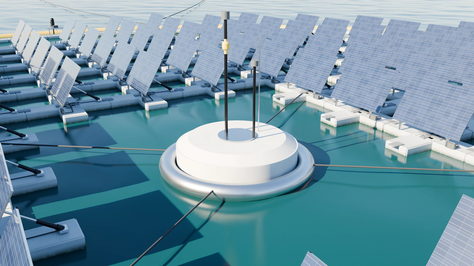 The island's centre: a white buoy inside a ring, tied by cables to the floats around it, with tilted modules beyond