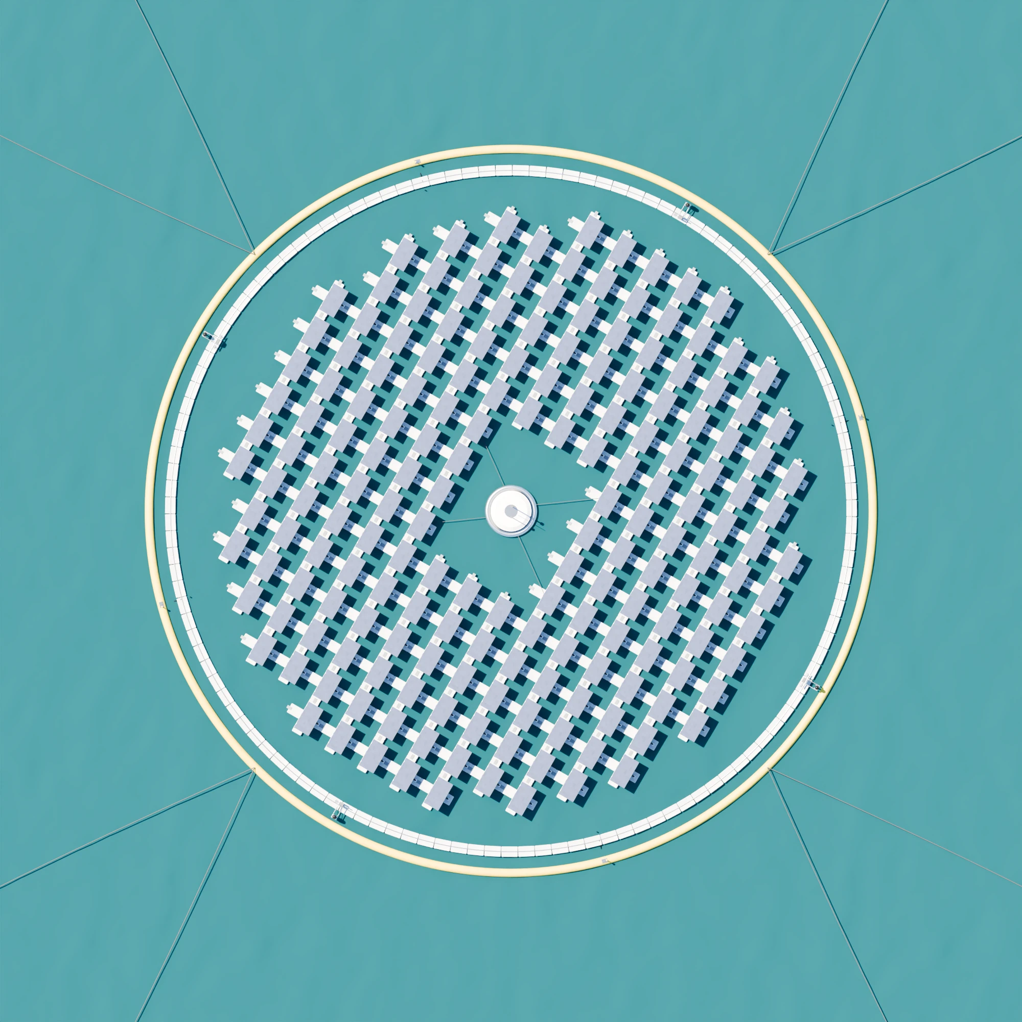 The island from directly above: a disc of modules around a central void, inside two rings