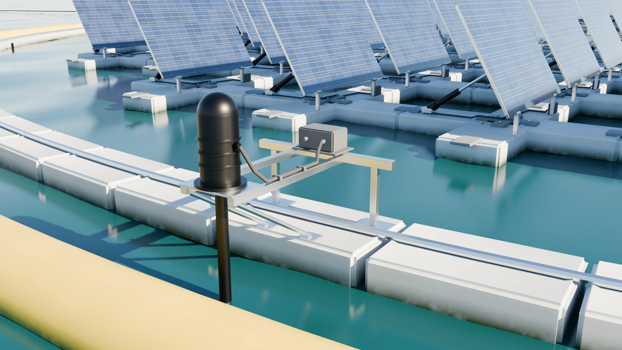 A thruster module on the inner ring of floats: a gantry carrying a flanged motor head and a control box joined by a cable, the drive shaft running down into the water, with the yellow outer ring beyond