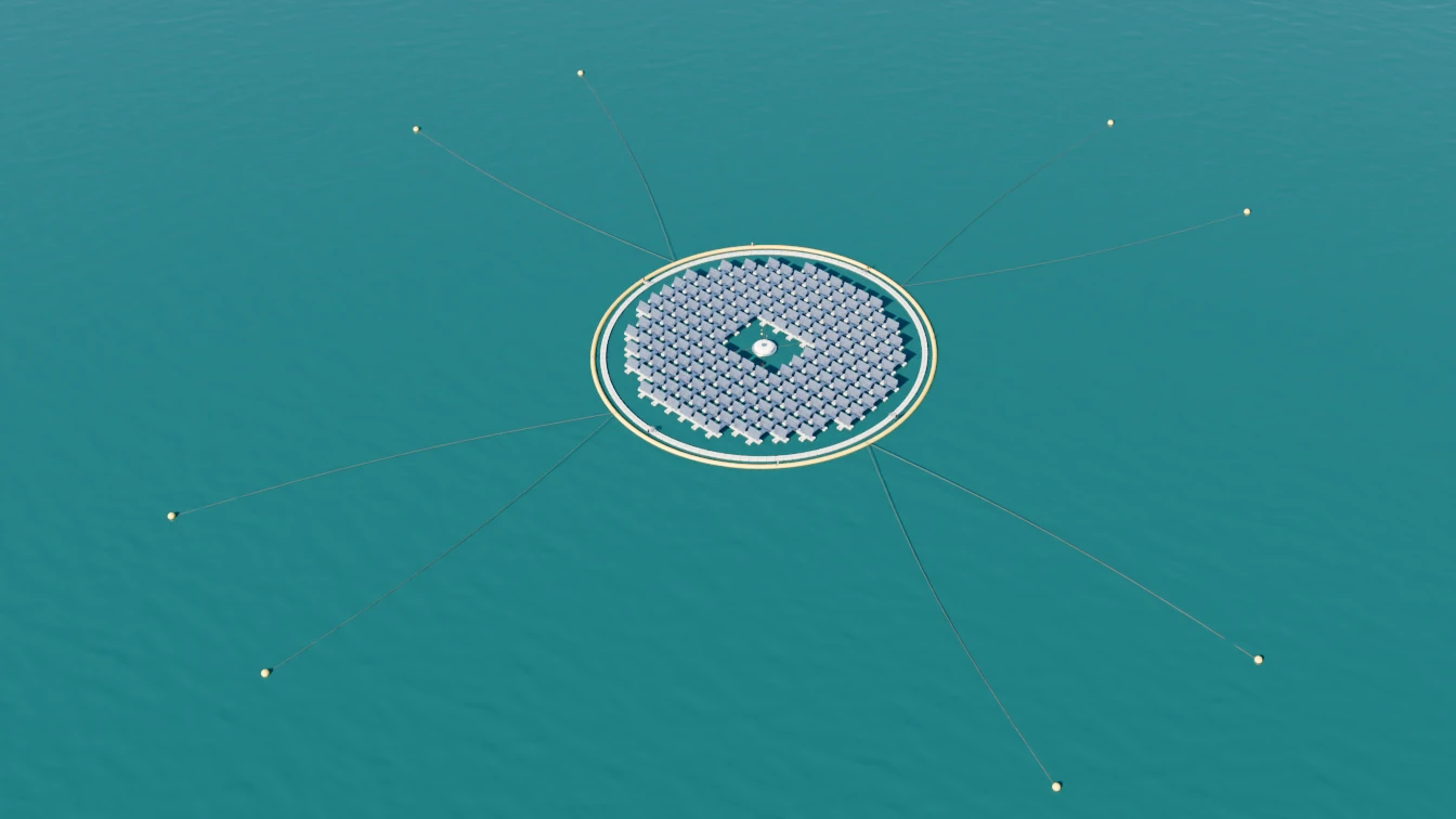 The island seen from far above on open water, with eight lines running out from its outer ring to small yellow anchor buoys