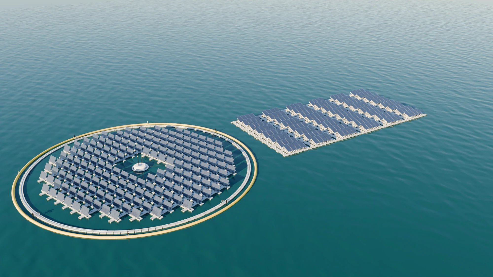The reference island, a disc of tilted panels turned toward a low sun, beside a rectangular field of 24 rafts that face south
