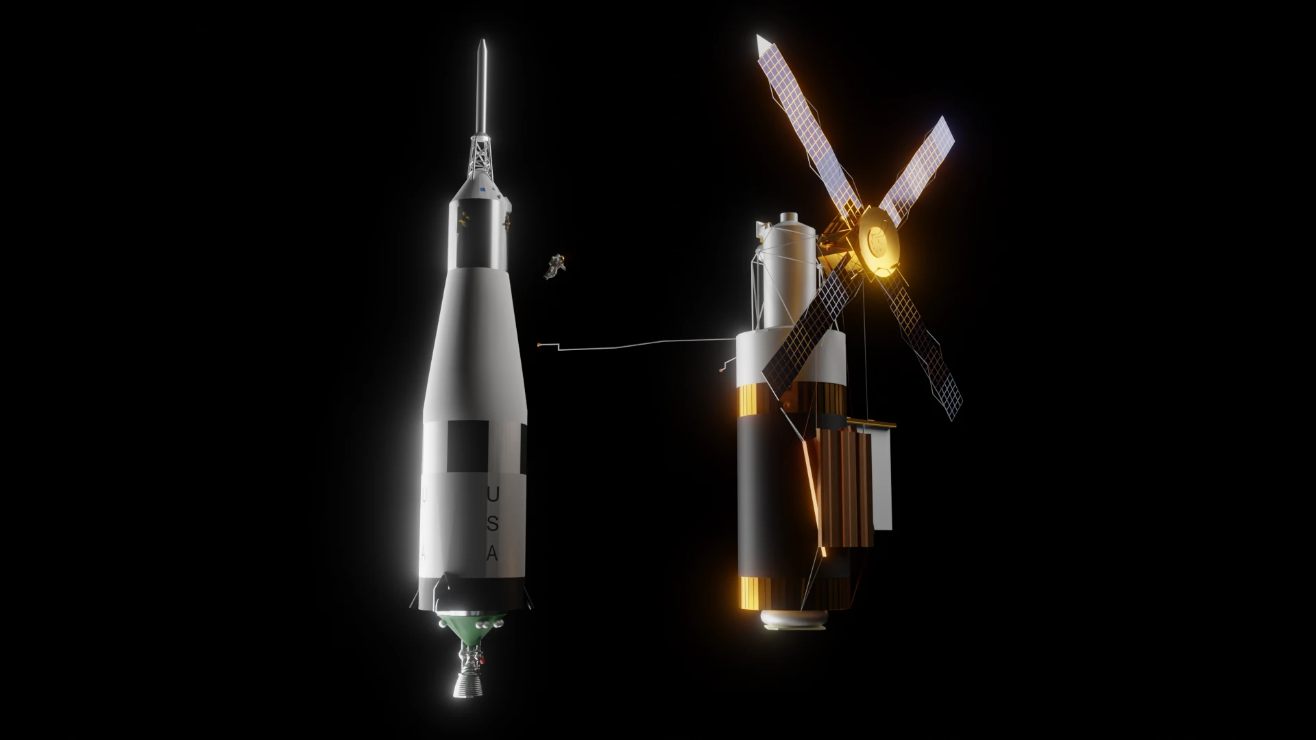 A Saturn V upper stage and Skylab side by side against black, with a spacewalking astronaut between them.