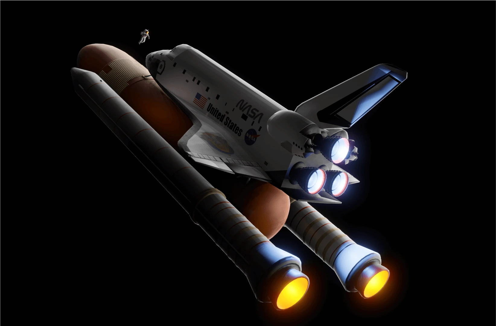 The Space Shuttle orbiter on its external tank with both solid rocket boosters firing, and an astronaut floating nearby.