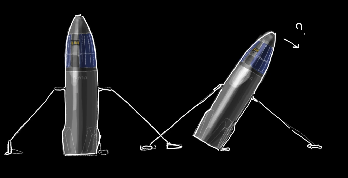 Sketch of a lunar Starship held by long guy lines, upright and then tipping to one side, with a question mark.