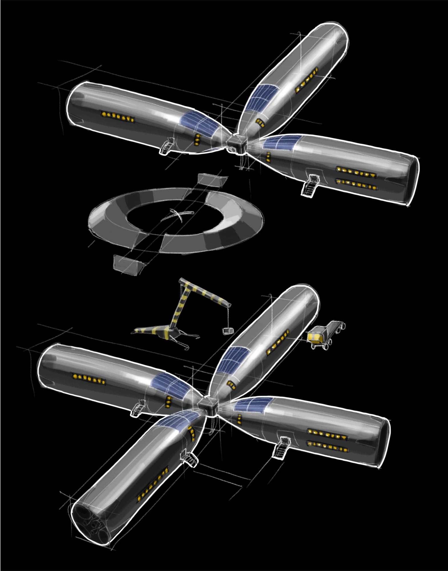 Sketch of horizontal Starships joined in a cross around a central node, drawn twice, with a ring structure, a crane and a rover between them.
