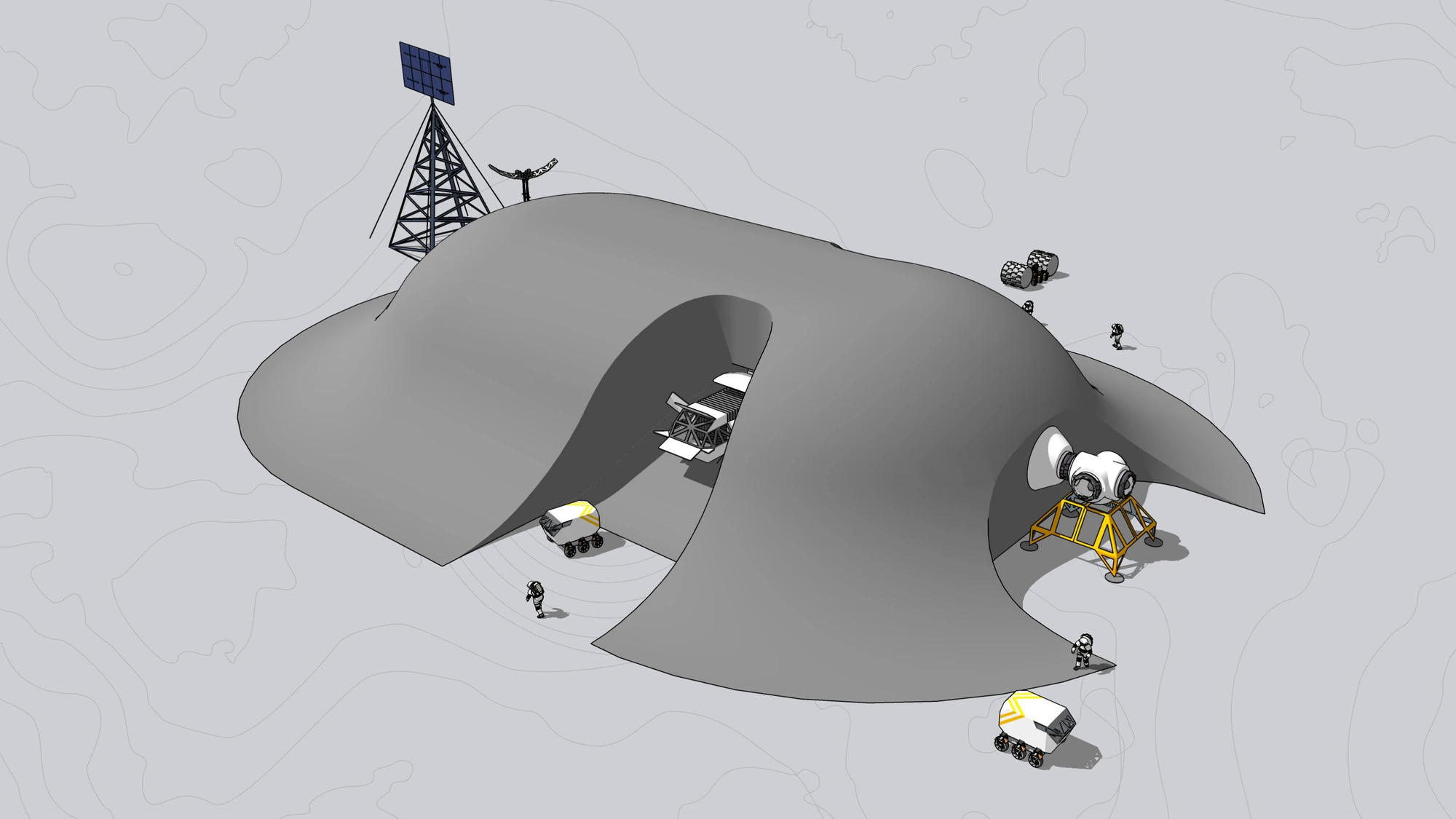 The base under a sculpted regolith mound with an open entrance court, a solar tower, a round module on a yellow frame at one end, and rovers and astronauts around it.