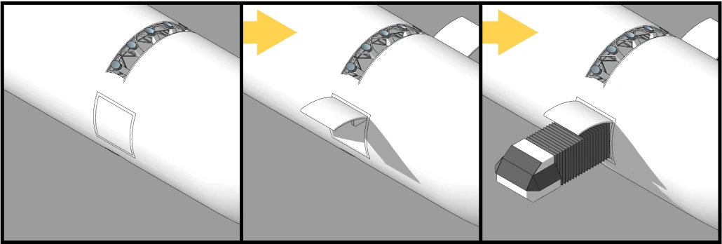 Three steps on the side of the hull: a hatch outline, the hatch swinging open, and a box-shaped cupola extending out on a bellows.