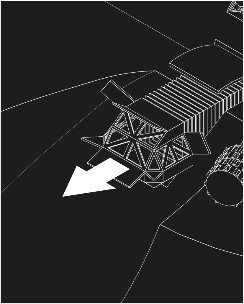 Line drawing of the cupola extended from the hull on a bellows, with a triangulated window frame, side shields open and an arrow showing its direction.