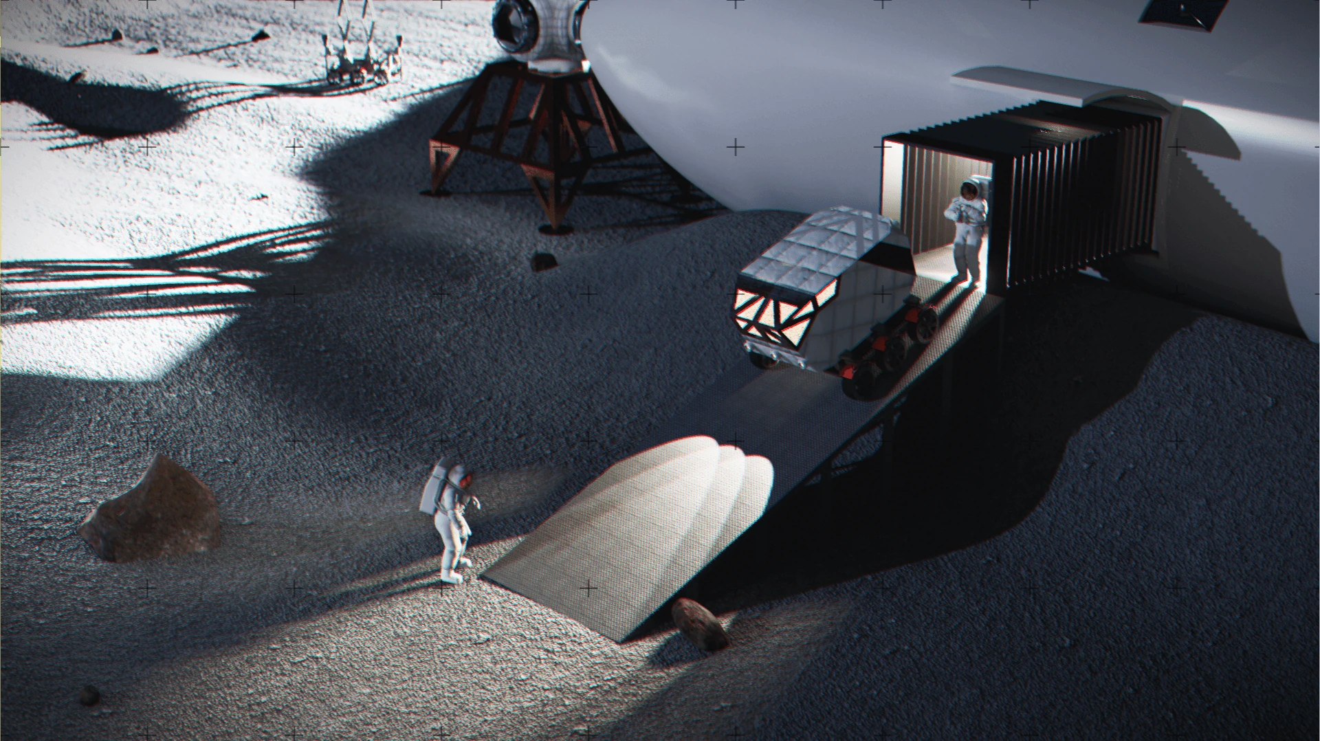 An astronaut stepping out of a bellows airlock on the side of the hull onto a ramp where a pressurized rover is parked, with a second astronaut on the regolith.