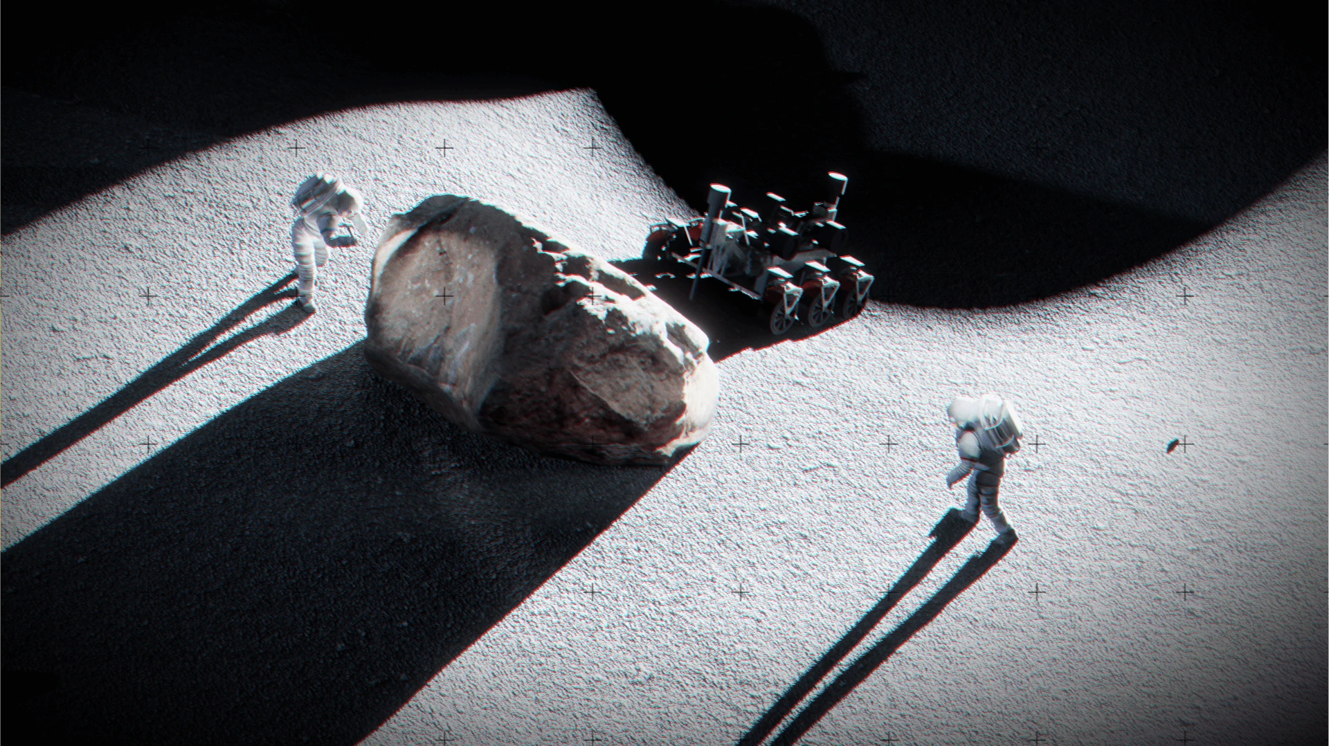 Two astronauts and a six-wheel MOROCAS drill rover around a large boulder, casting long shadows.
