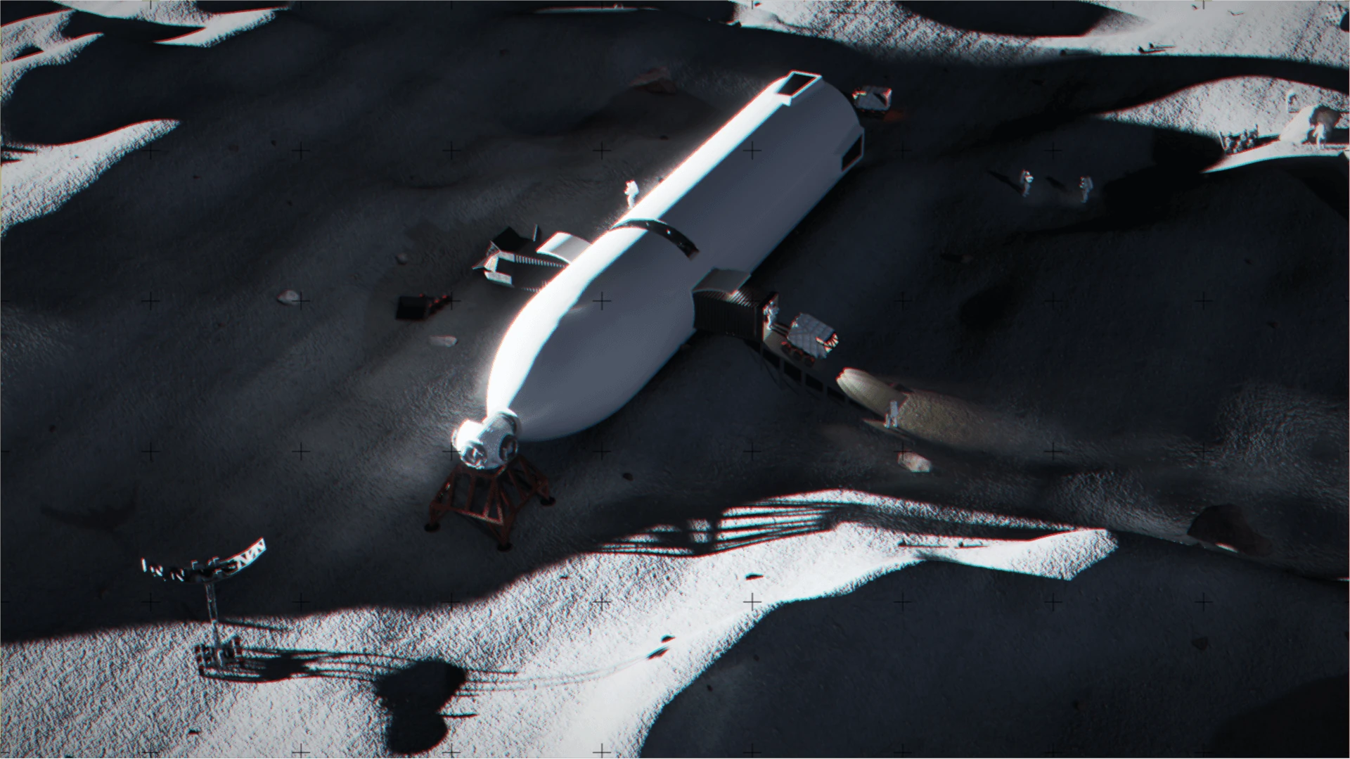 Aerial view of the Starship hull lying uncovered on the regolith, with its airlock ramp, a round module on a frame at the nose, and astronauts and equipment nearby.