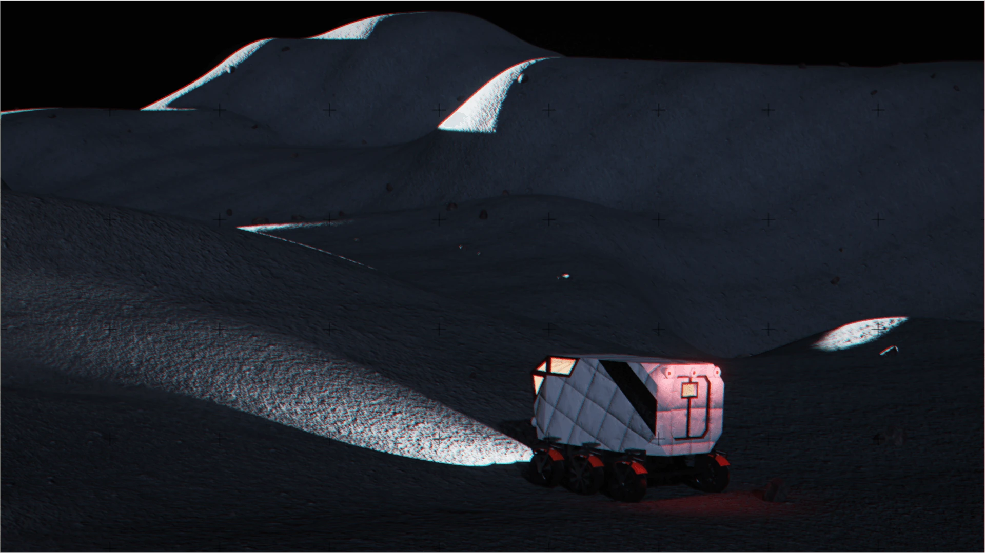 A white pressurized MOROCAS rover with lit windows driving across dark lunar hills.