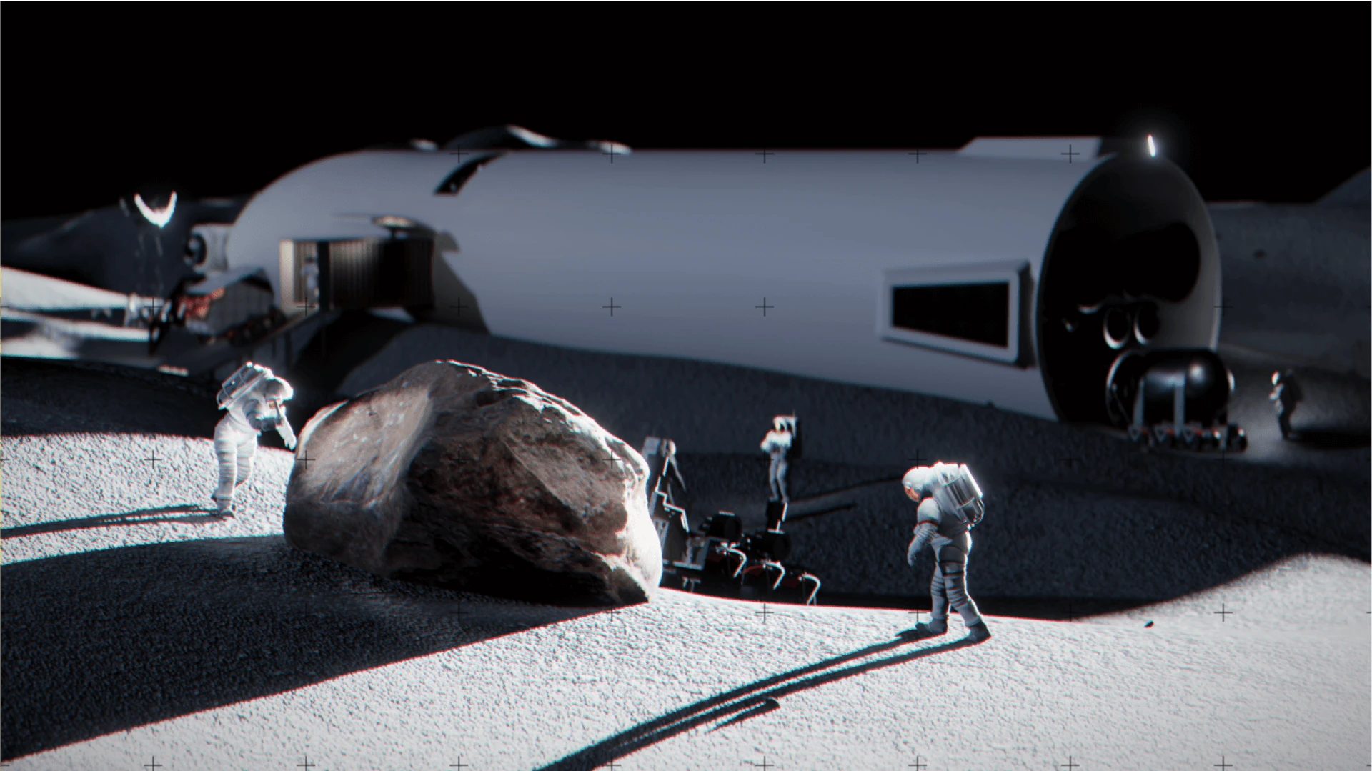 Astronauts and a MOROCAS drill rover around a large boulder in front of the horizontal Starship hull.