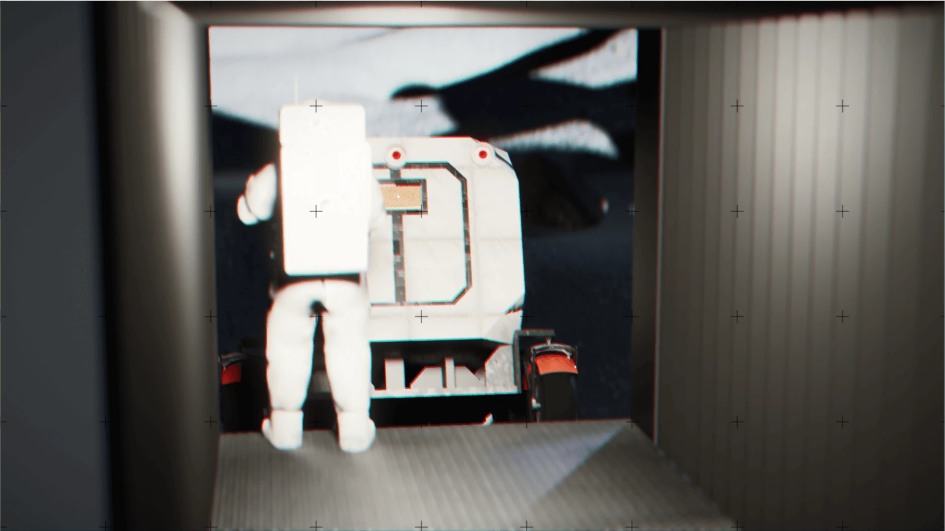 From inside the airlock, an astronaut walking out toward the back of a pressurized rover on the ramp.