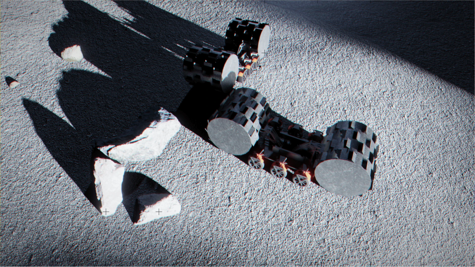 Two MOROCAS rovers fitted with large treaded drums beside a group of boulders on the regolith.