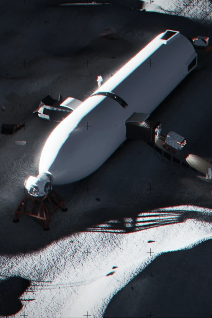 The Rosas base from above before its regolith cover: the Starship hull on its side, the airlock with its ramp, a round module on a frame at the nose, and astronauts and rovers nearby
