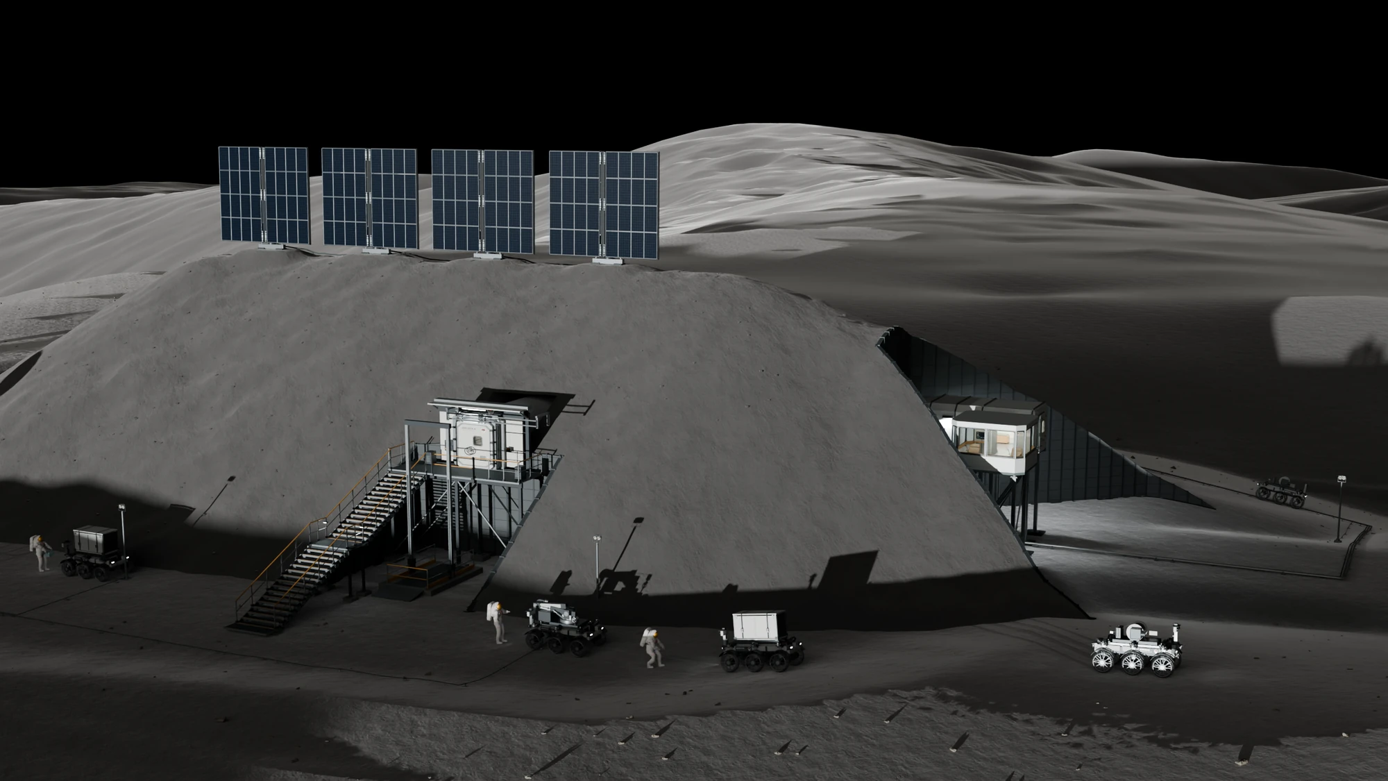 A regolith-covered habitat on the lunar surface with four solar arrays on its crest, a stair up to the side airlock, a glazed room at the far end, and rovers and astronauts in front.