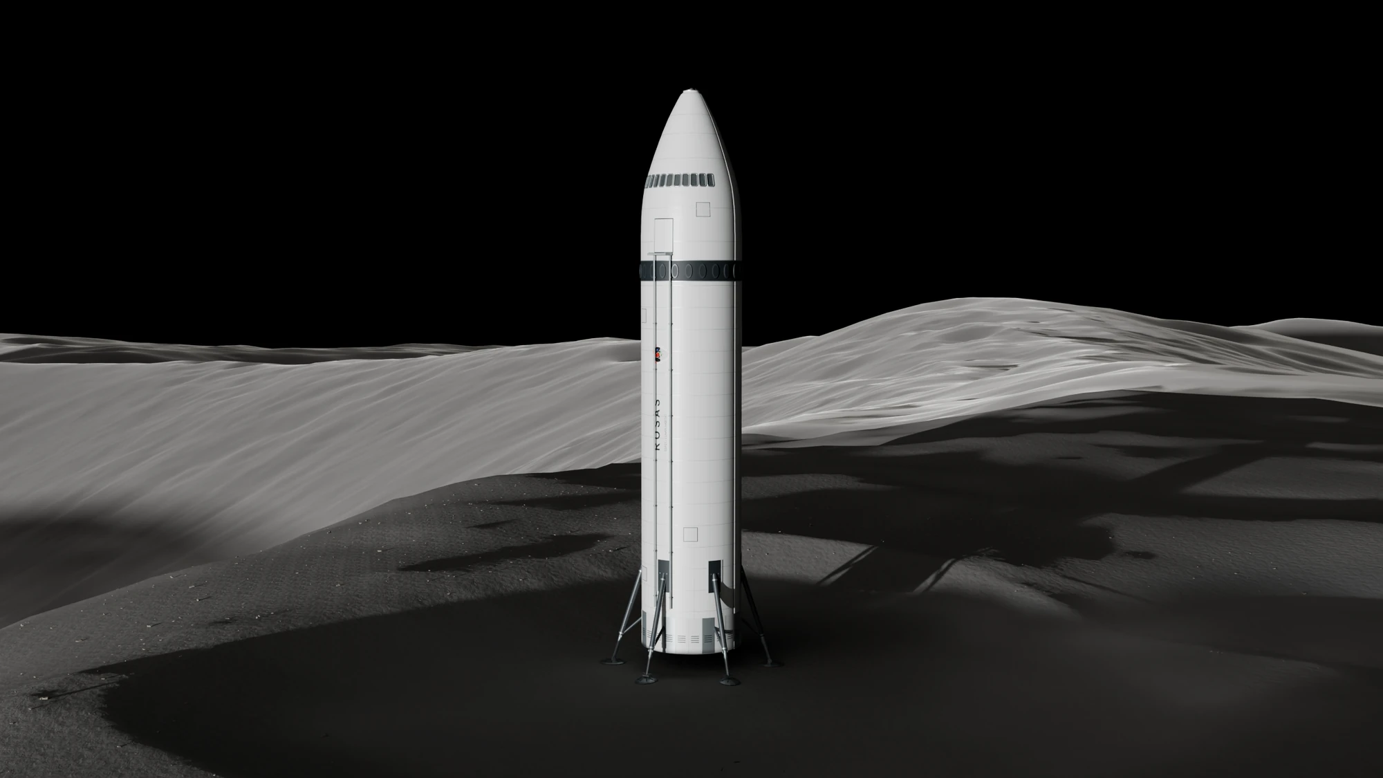 The Rosas Starship standing upright on its landing legs on a grey lunar slope.