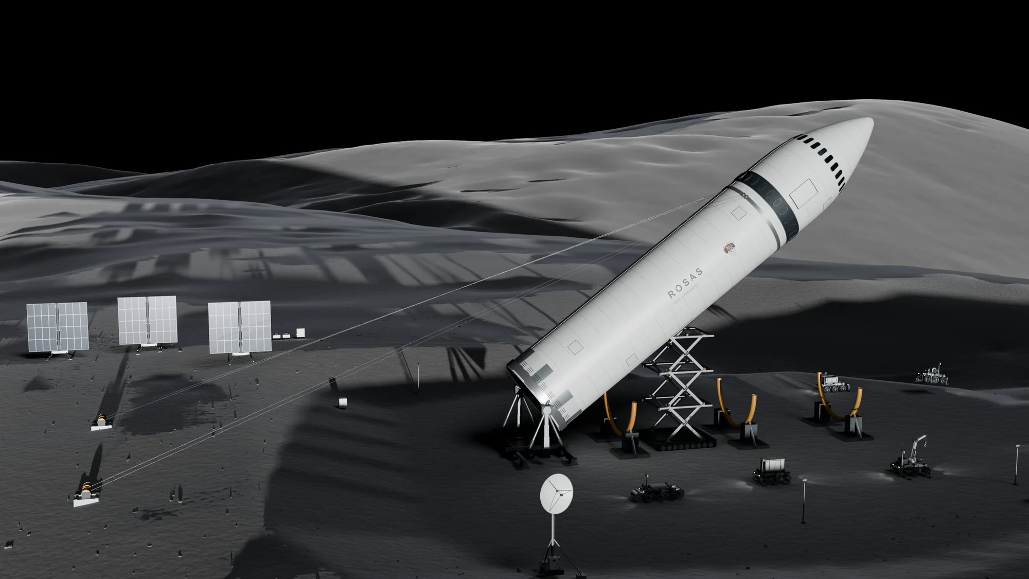 The Starship tilted partway to the horizontal, held by cables to ground anchors and resting on a scissor lift and curved cradles, with solar arrays, an antenna dish and rovers around it.