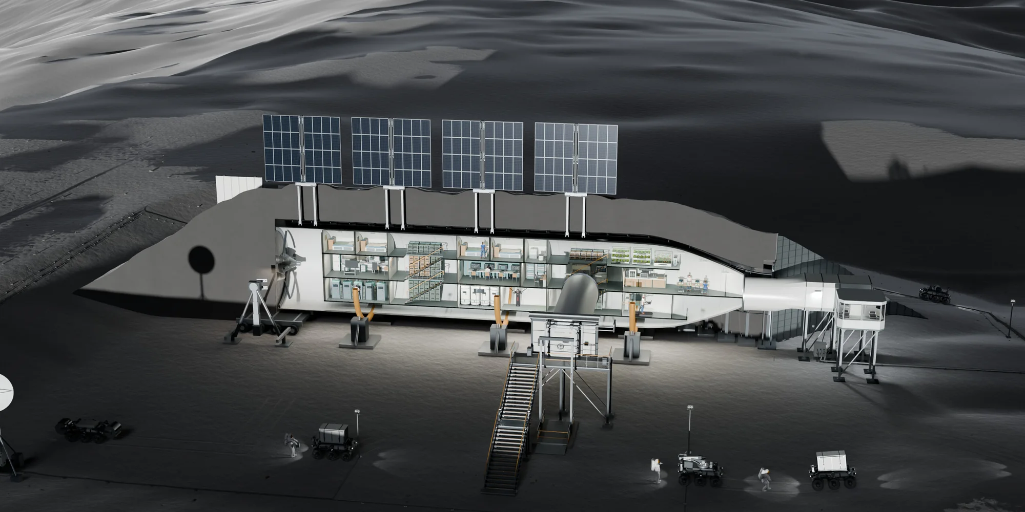 Cutaway of the buried habitat lying horizontal, with three decks of rooms under the regolith cover, solar arrays on top, a stair to the airlock and rovers in front.