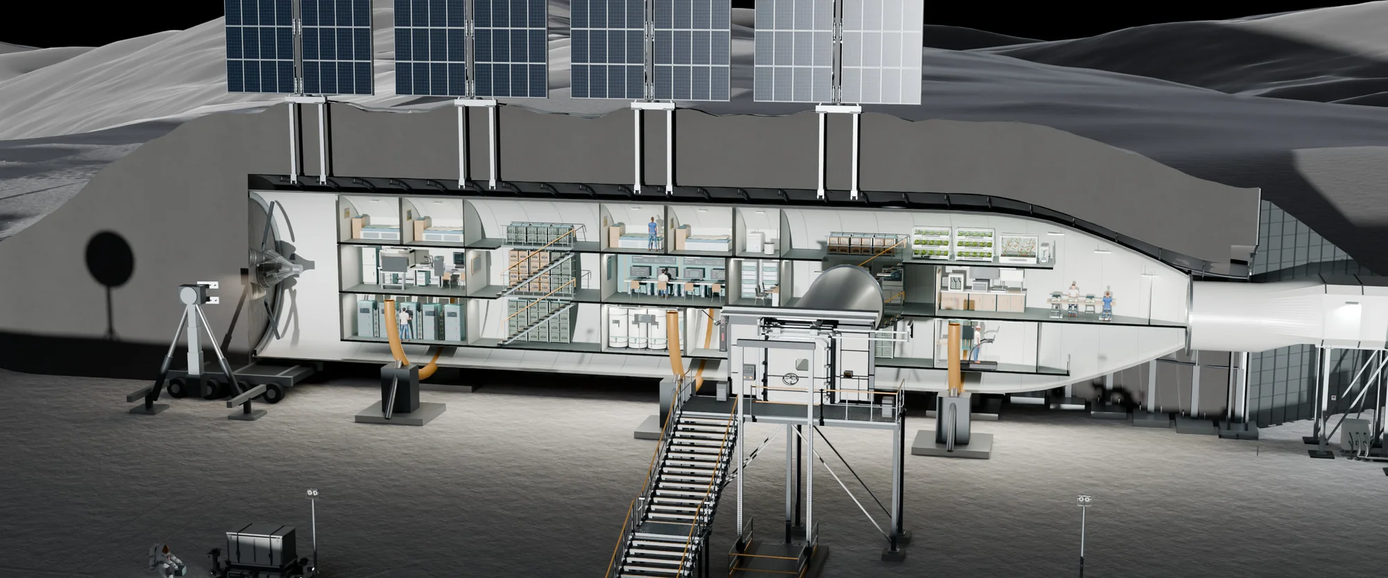 Closer cutaway of the three decks: cabins and growing racks above, control and laboratory rooms in the middle, and equipment banks, tanks and a treadmill below, linked by stairs.