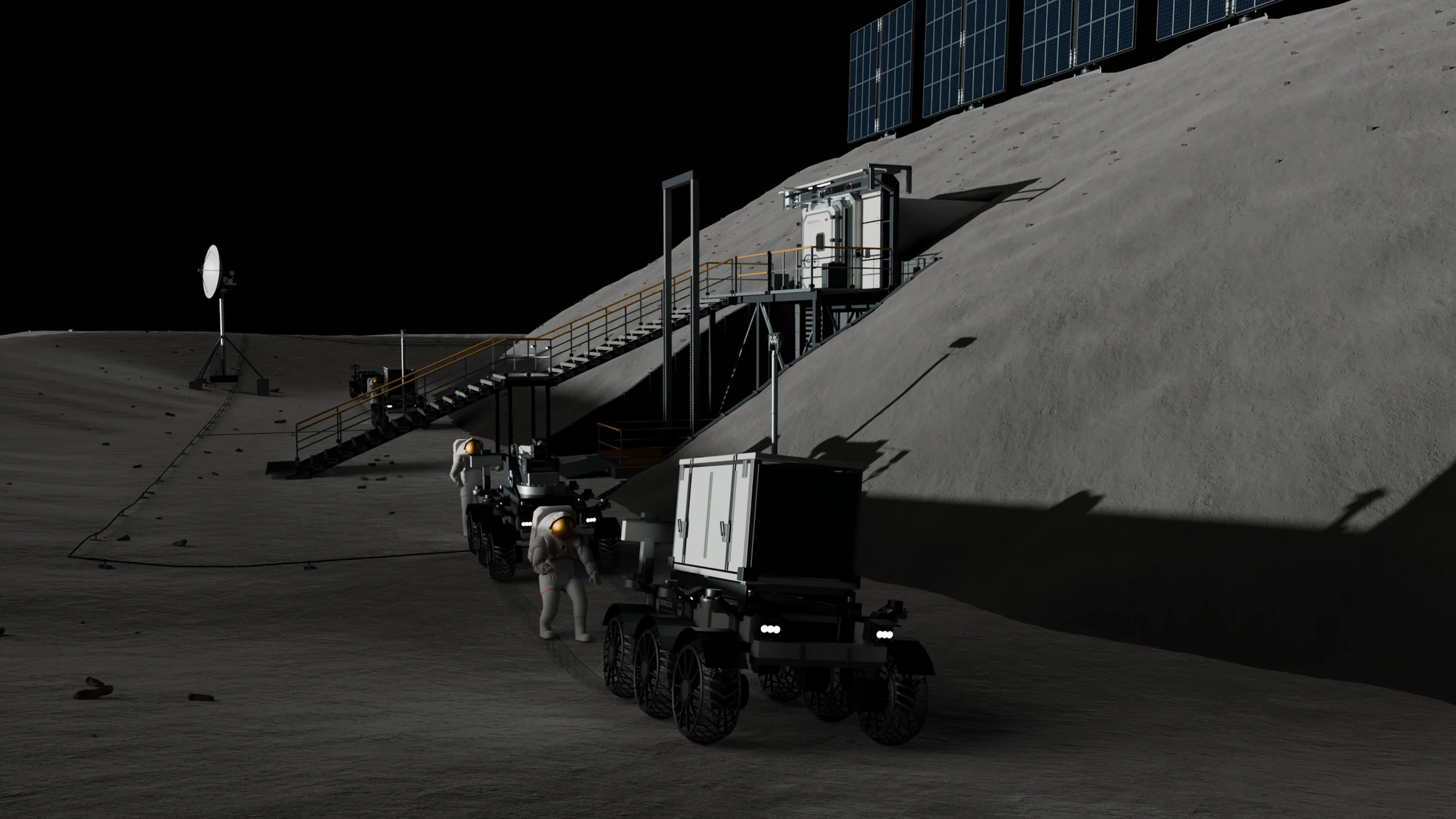 Two astronauts walking beside two six-wheel MOROCAS rovers at the foot of the regolith-covered habitat, below the stair to the airlock.
