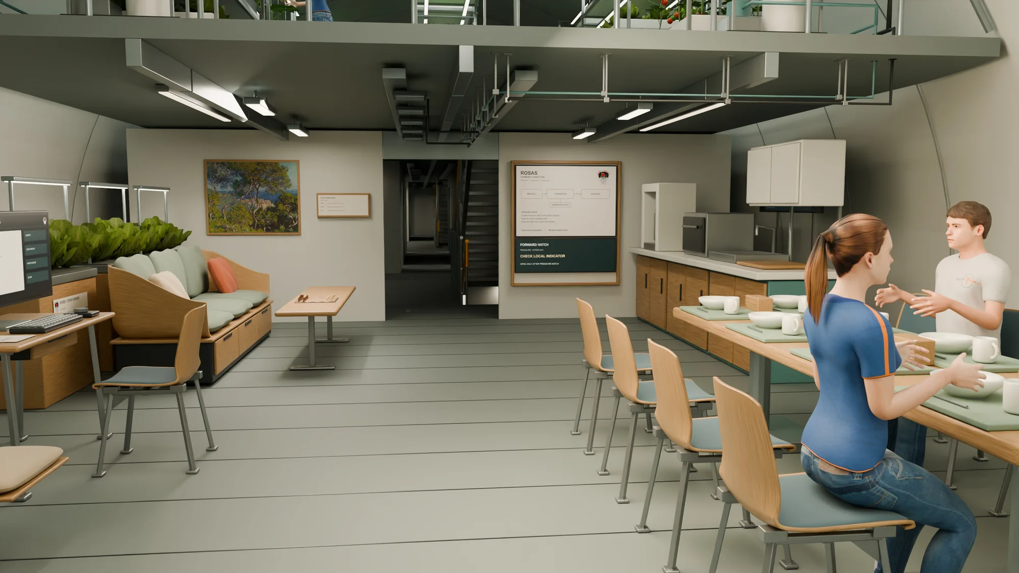 Two crew members talking at a long dining table beside the galley counter, with a sofa, a desk, lettuce planters, a landscape painting and a stair across the room.
