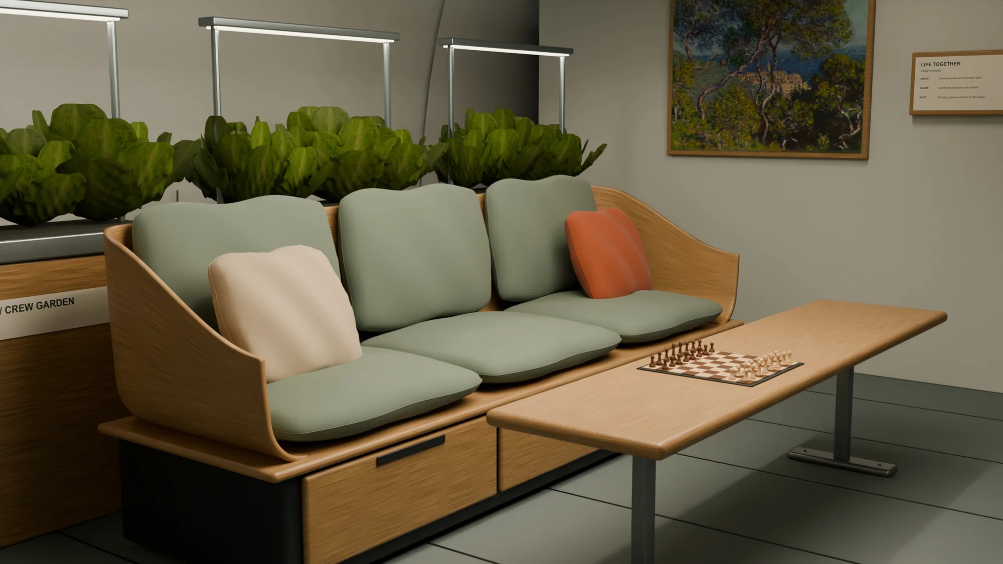 A wooden sofa with green cushions in front of lettuce planters, a low table with a chess set, and a landscape painting on the wall.