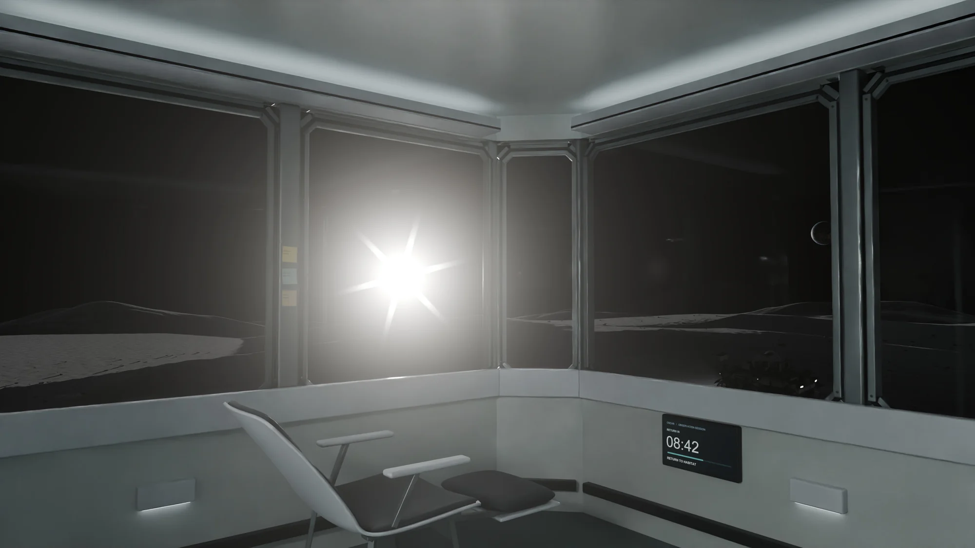 Inside OSCAR: a reclining chair before wide windows onto the lunar surface, the Sun flaring through one pane, notes stuck to a window post and a screen counting down the session.