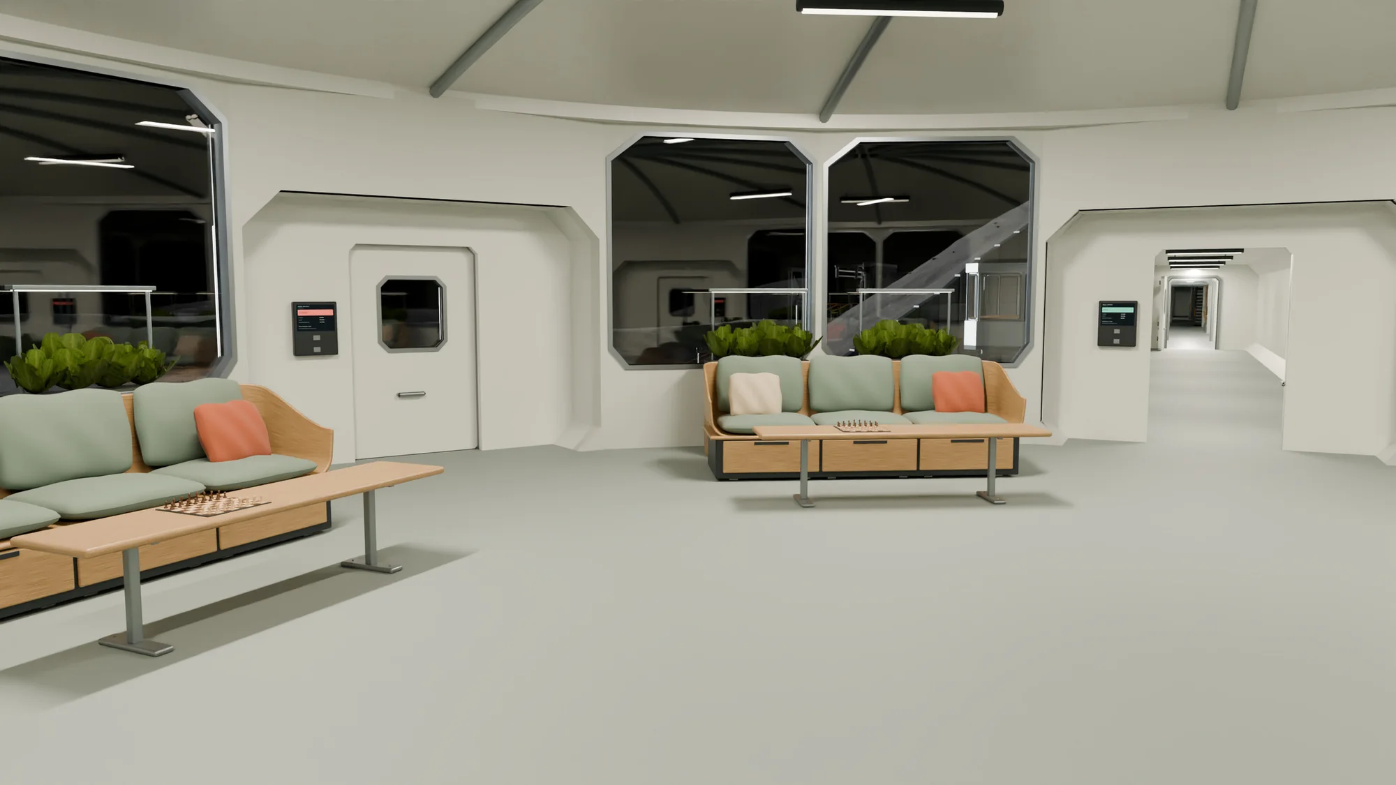 Inside the circular hub: two sofas with low tables, chess sets and planters, interior windows, a door and a corridor leading off.