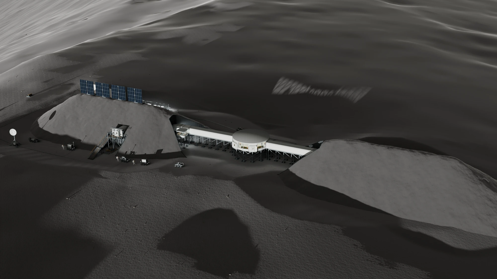 Aerial view of the buried first habitat and a second regolith mound, joined by a raised white passage through a circular hub.