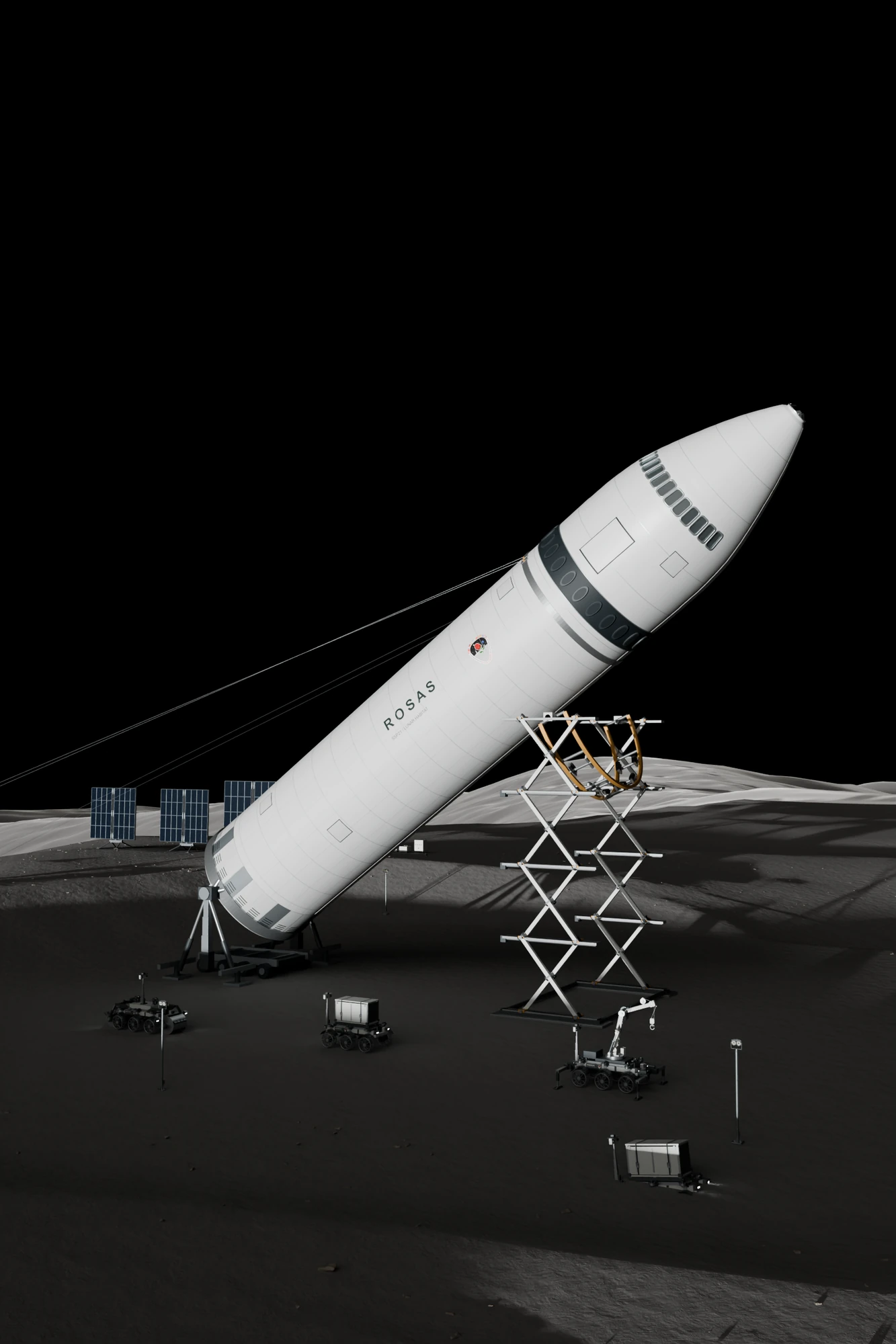 The Starship being lowered to the horizontal over scissor lifts, with rovers on the regolith