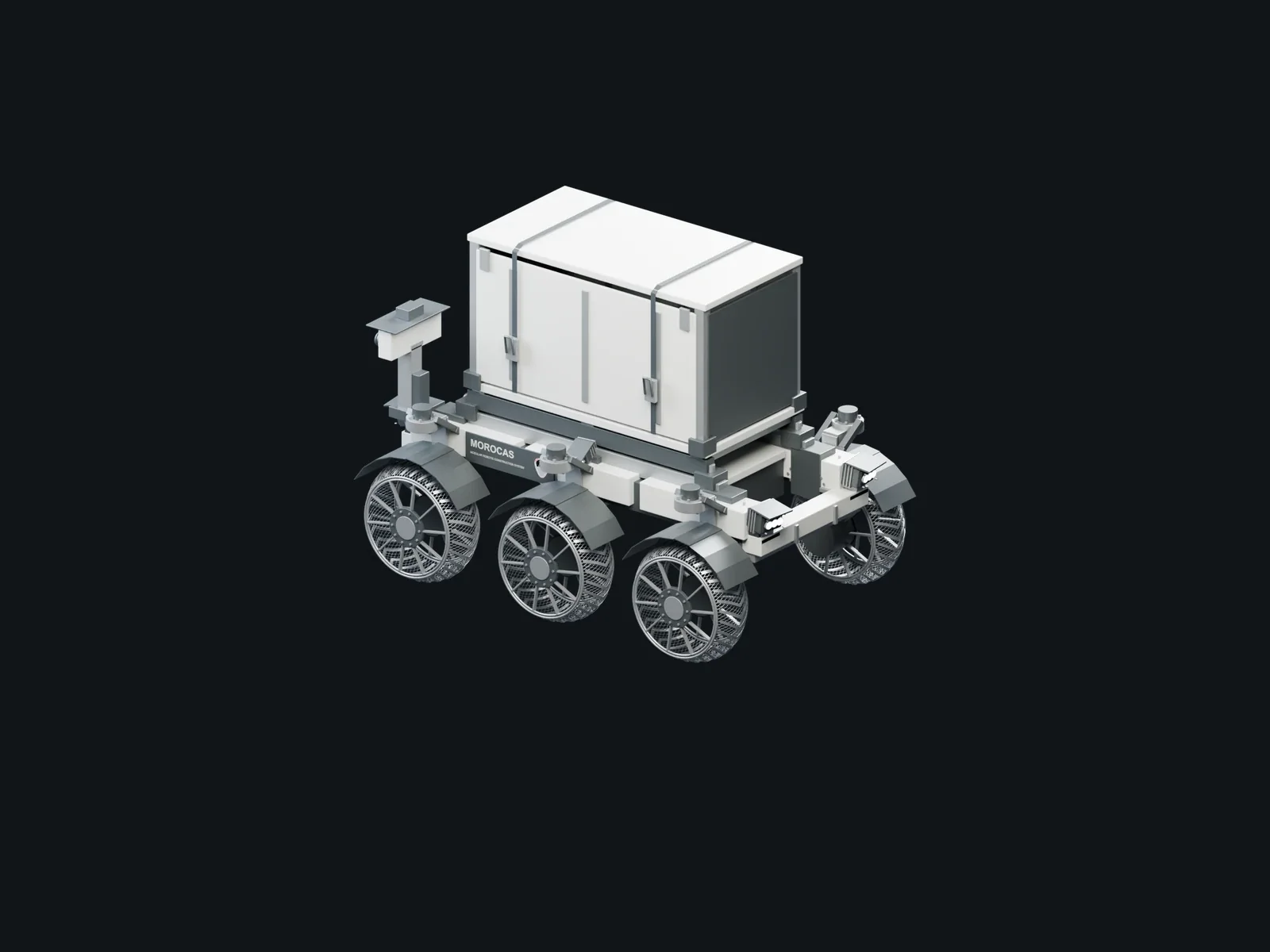 MOROCAS equipment carrier with a restrained cargo pallet on its six-wheel chassis.
