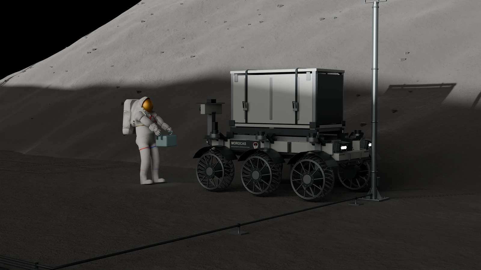 Suited crew member bringing a retained case to the MOROCAS logistics carrier beside Rosas.