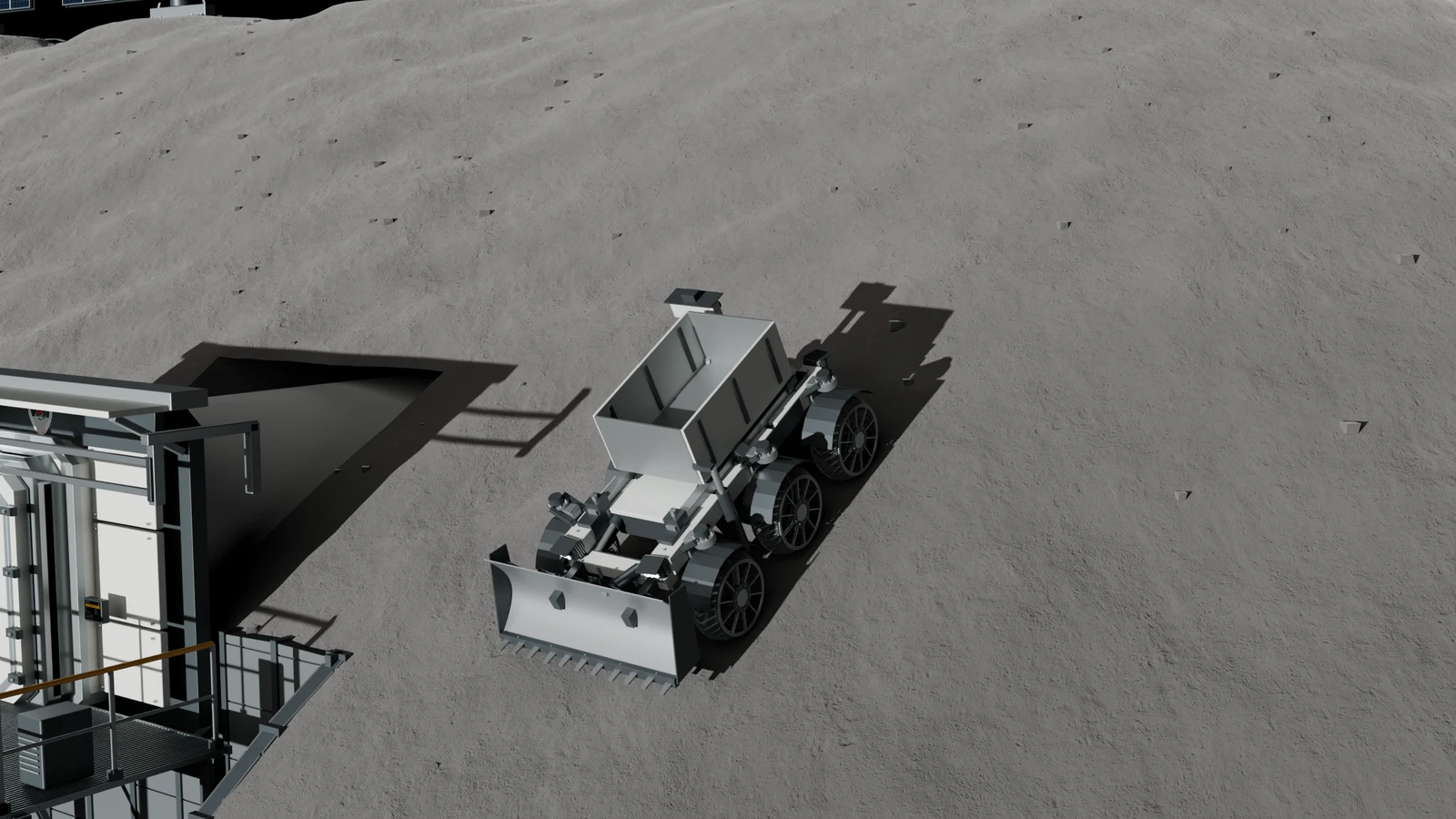 MOROCAS grading configuration working along a sunlit regolith slope.