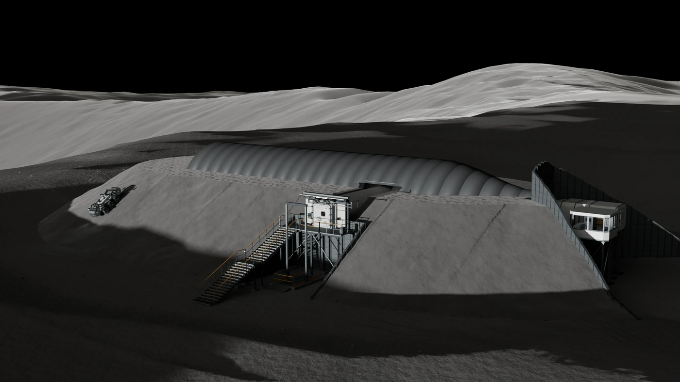 An intermediate Rosas construction view: a continuous lower regolith lift runs along the vault shoulders, leaving the metal crown and entrance court open; a MOROCAS works on the slope.