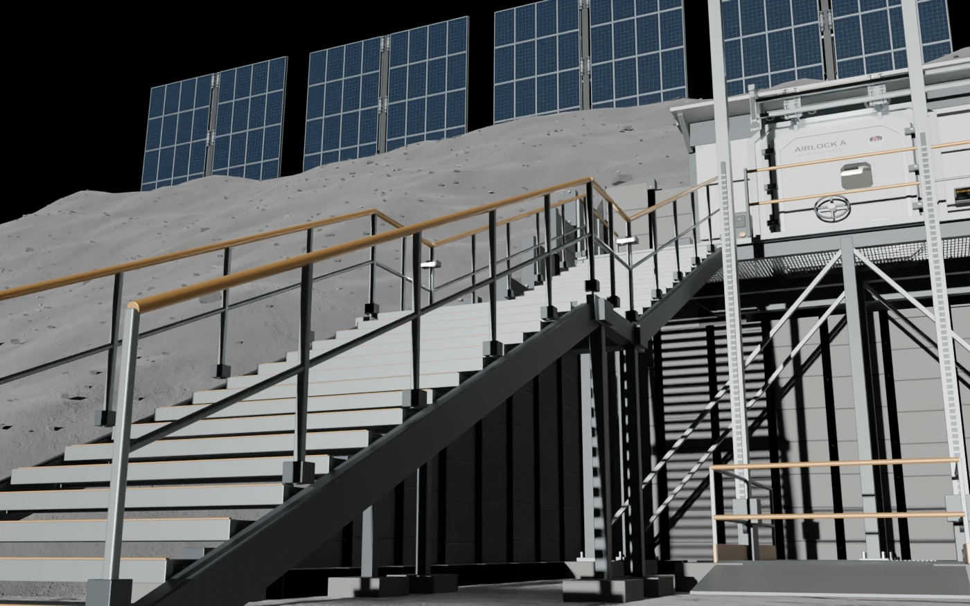 Close study of the Rosas side entrance, with a long stair climbing the retained access court to a raised landing and airlock beneath the solar panels.