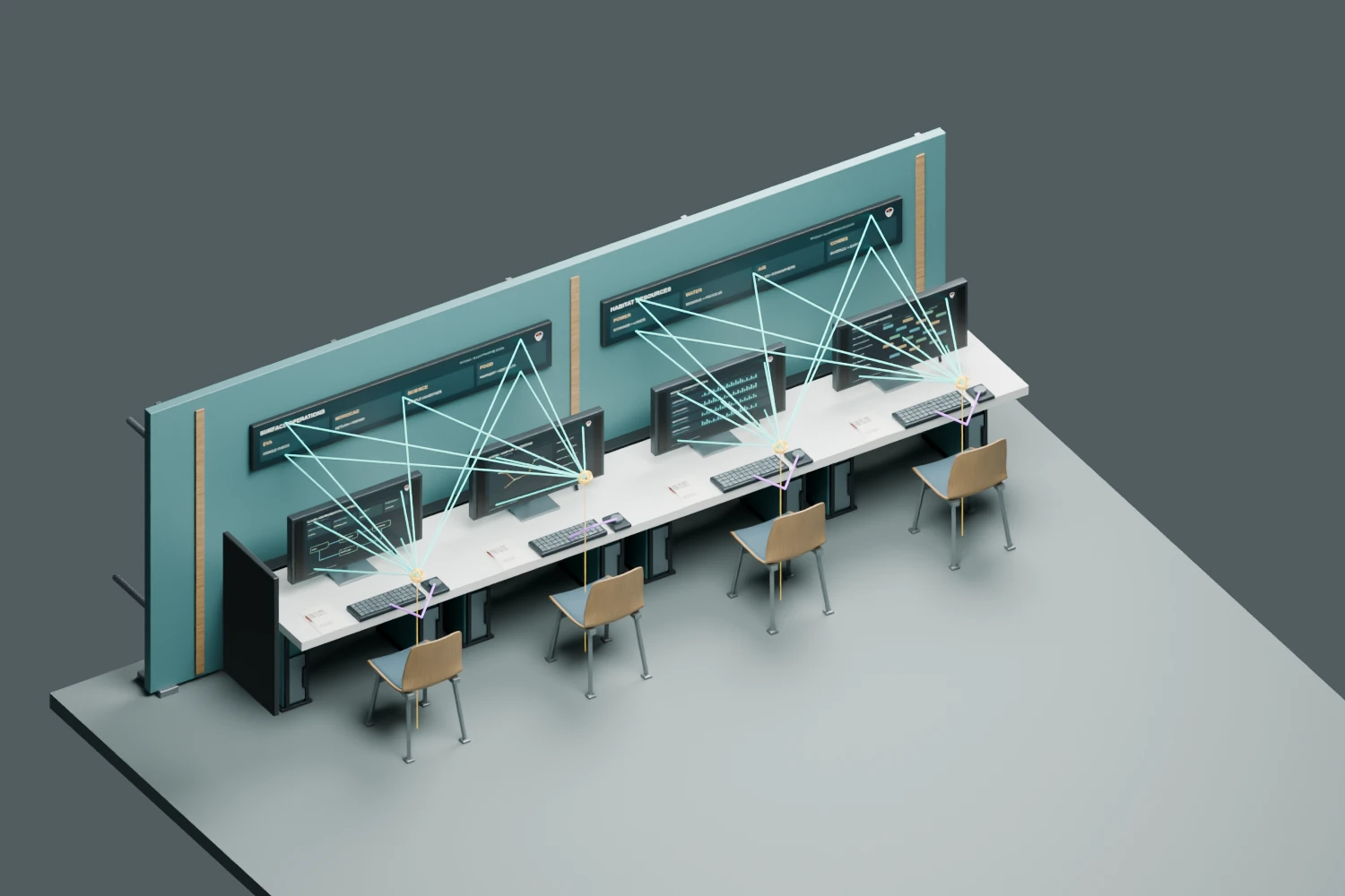 Ergonomic diagnostic view of four control workstations with reference sightlines from crew positions to screens.