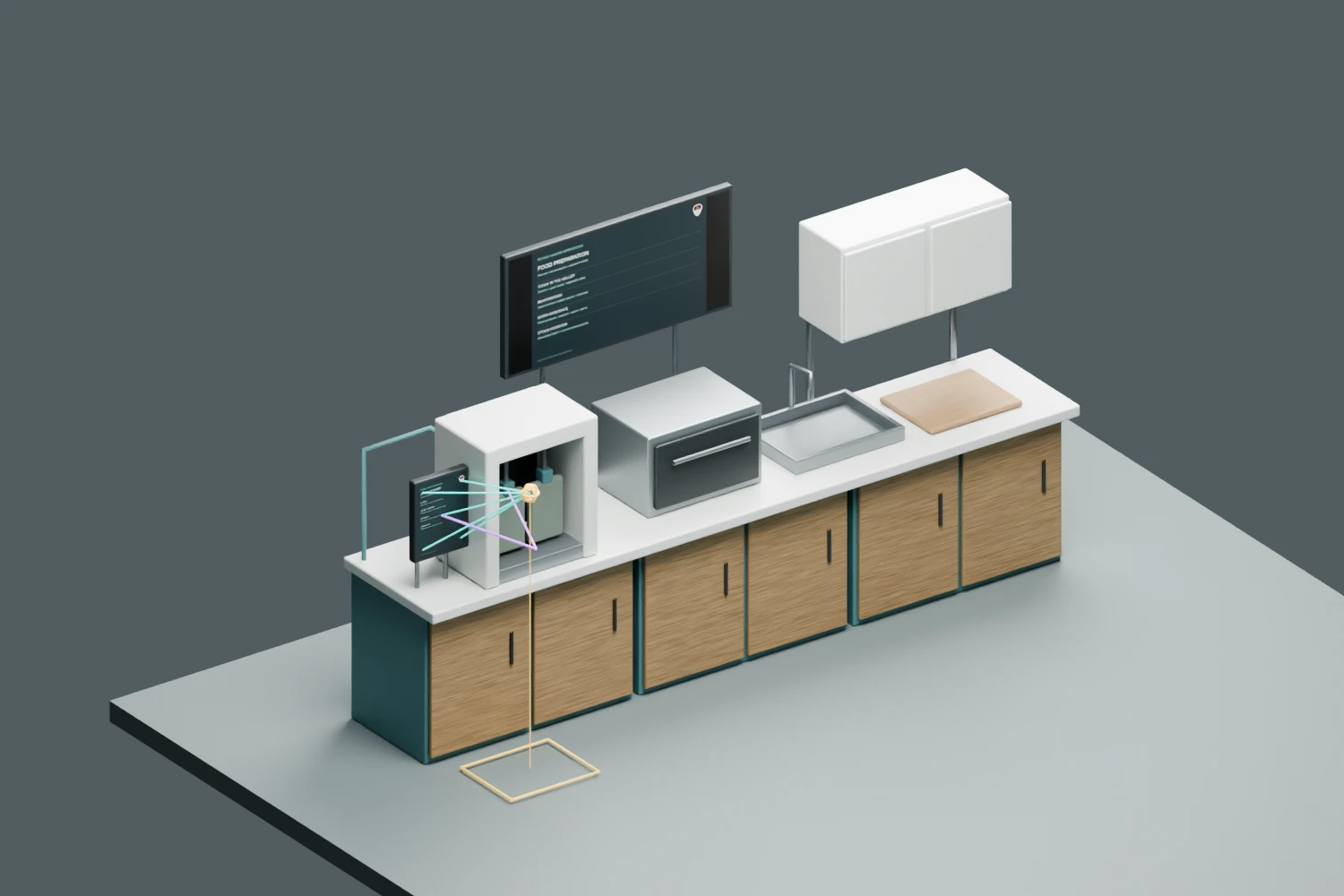 Ergonomic diagnostic view of the galley worktop and food-preparation screen with a reference crew position.