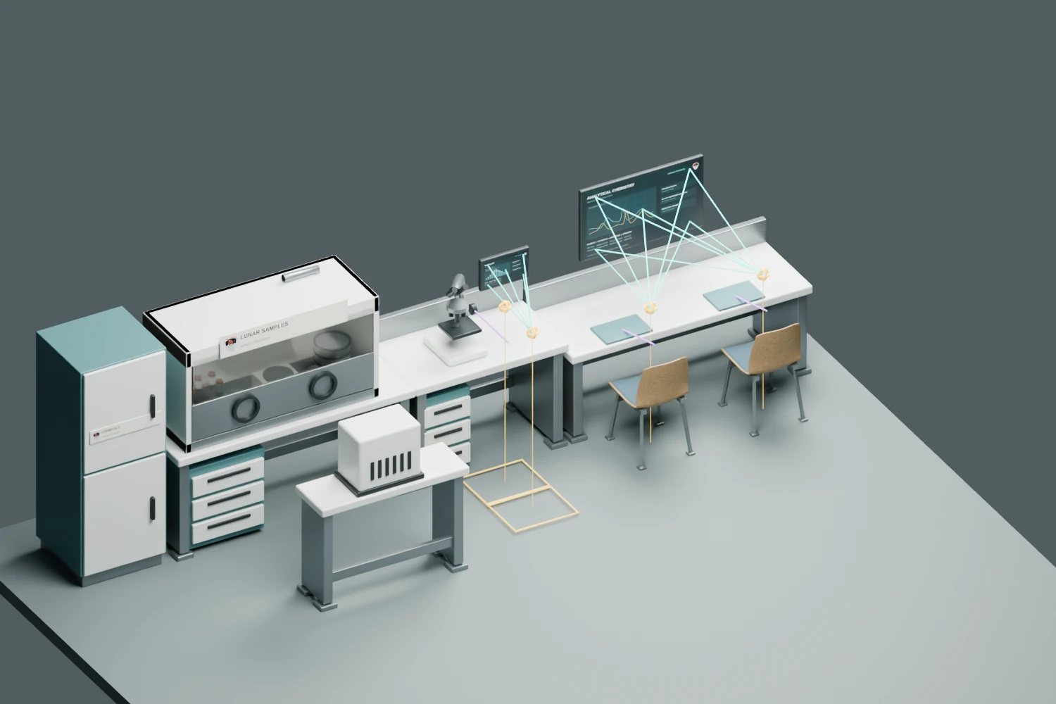 Ergonomic diagnostic view of the geology bench, glovebox and monitors with reach and sightline markers.