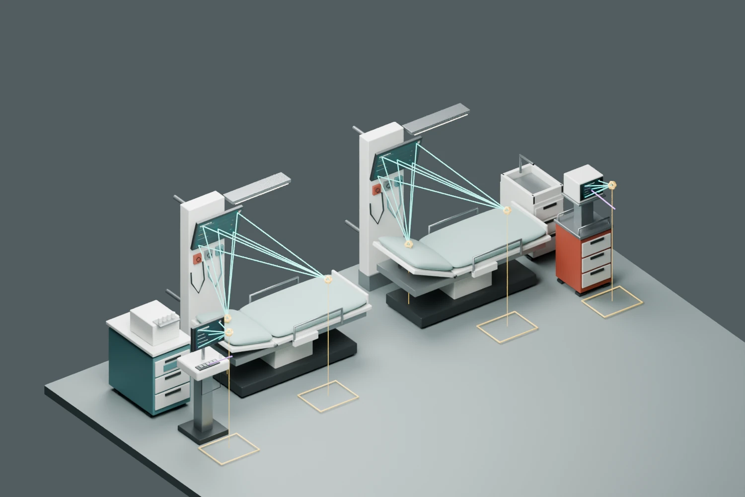 Ergonomic diagnostic view of two medical berths and bedside screens with sightline and reach markers.