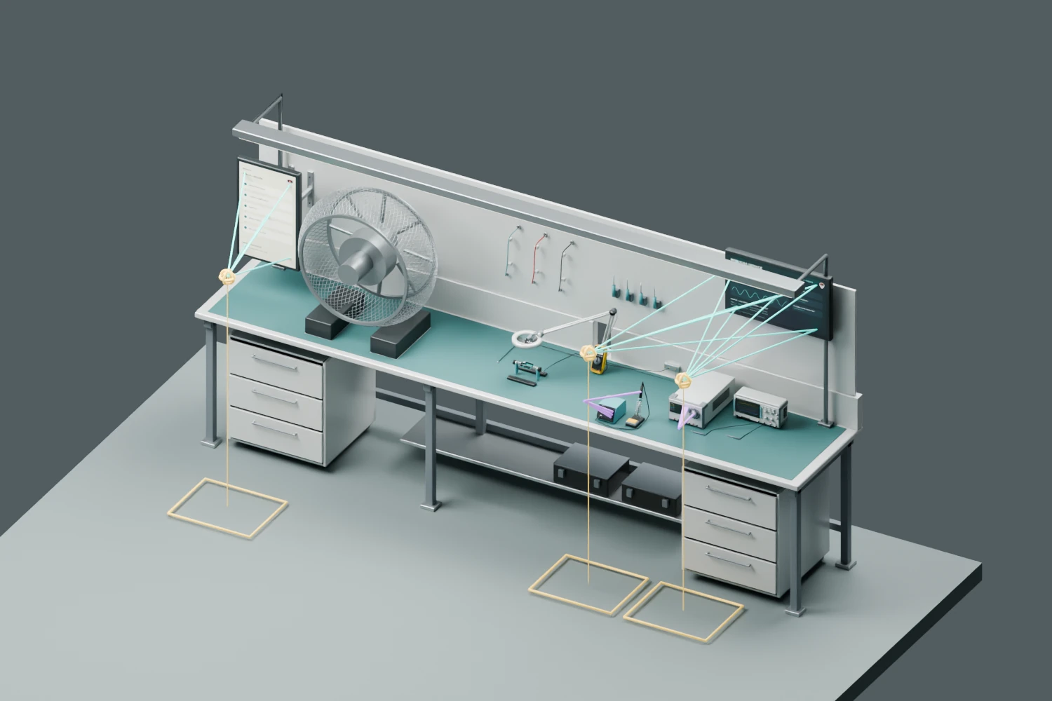 Ergonomic diagnostic view of the robotics workbench, wheel fixture and task screens with reach and sightline markers.